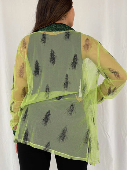 Vintage 90s Mon Lisai Green Mesh Shirt - Size L/XL - Balagan Vintage Full Sleeve Shirt 00s, Deals, mesh, Rama, women shirt