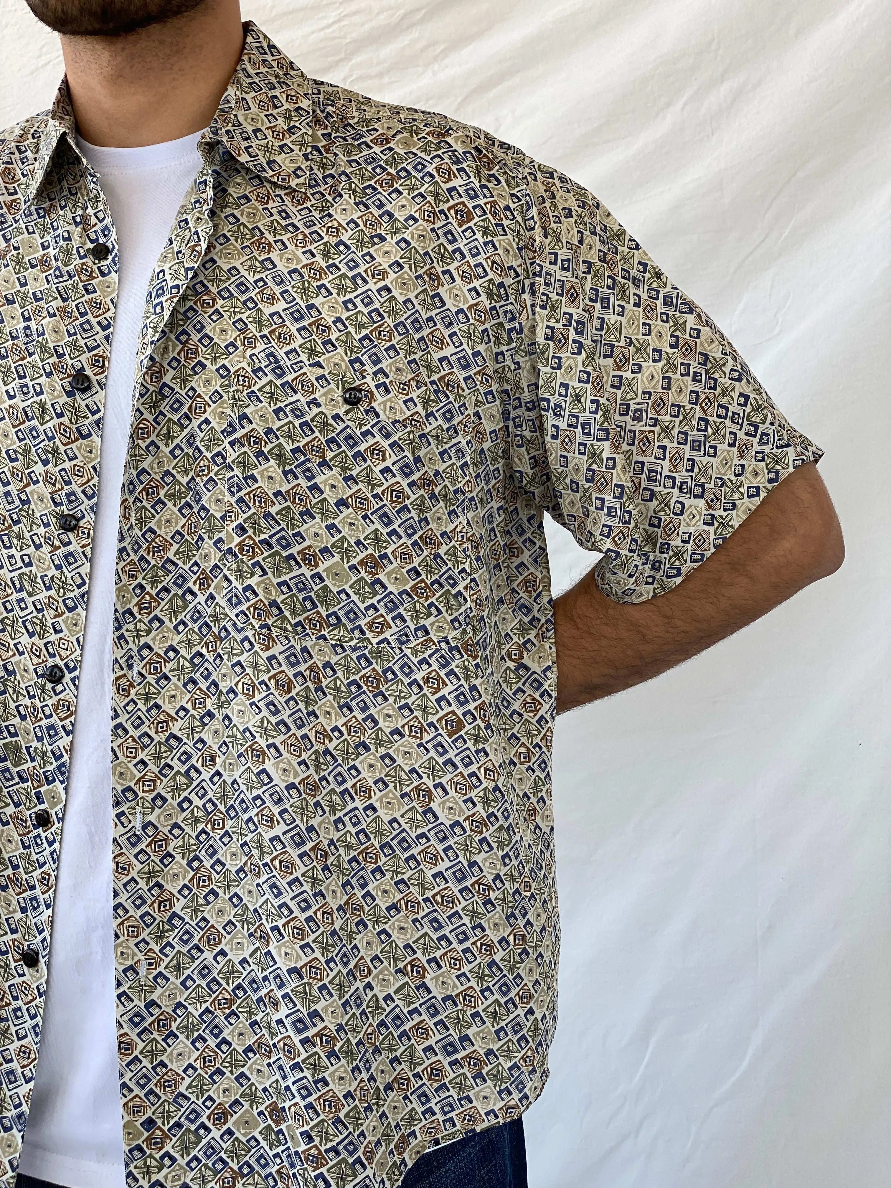 Vintage 90s MONTAGE Abstract Print Men’s Silk Button-Up Shirt - L - Balagan Vintage Half Sleeve Shirt 90s, half sleeve shirt, mens shirt, printed shirt, printed silk shirt, Ramez, silk, silk shirt