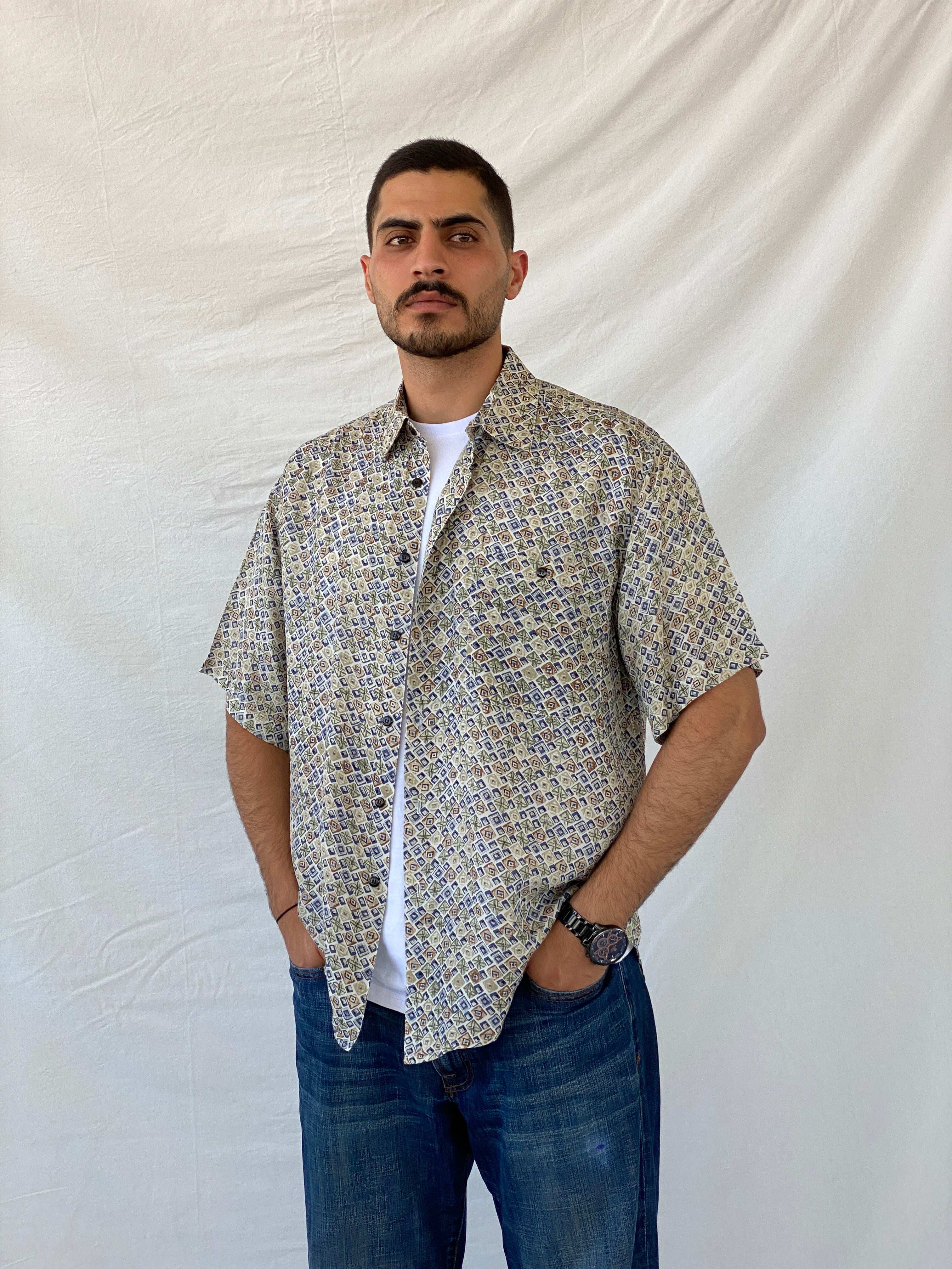 Vintage 90s MONTAGE Abstract Print Men’s Silk Button-Up Shirt - L - Balagan Vintage Half Sleeve Shirt 90s, half sleeve shirt, mens shirt, printed shirt, printed silk shirt, Ramez, silk, silk shirt