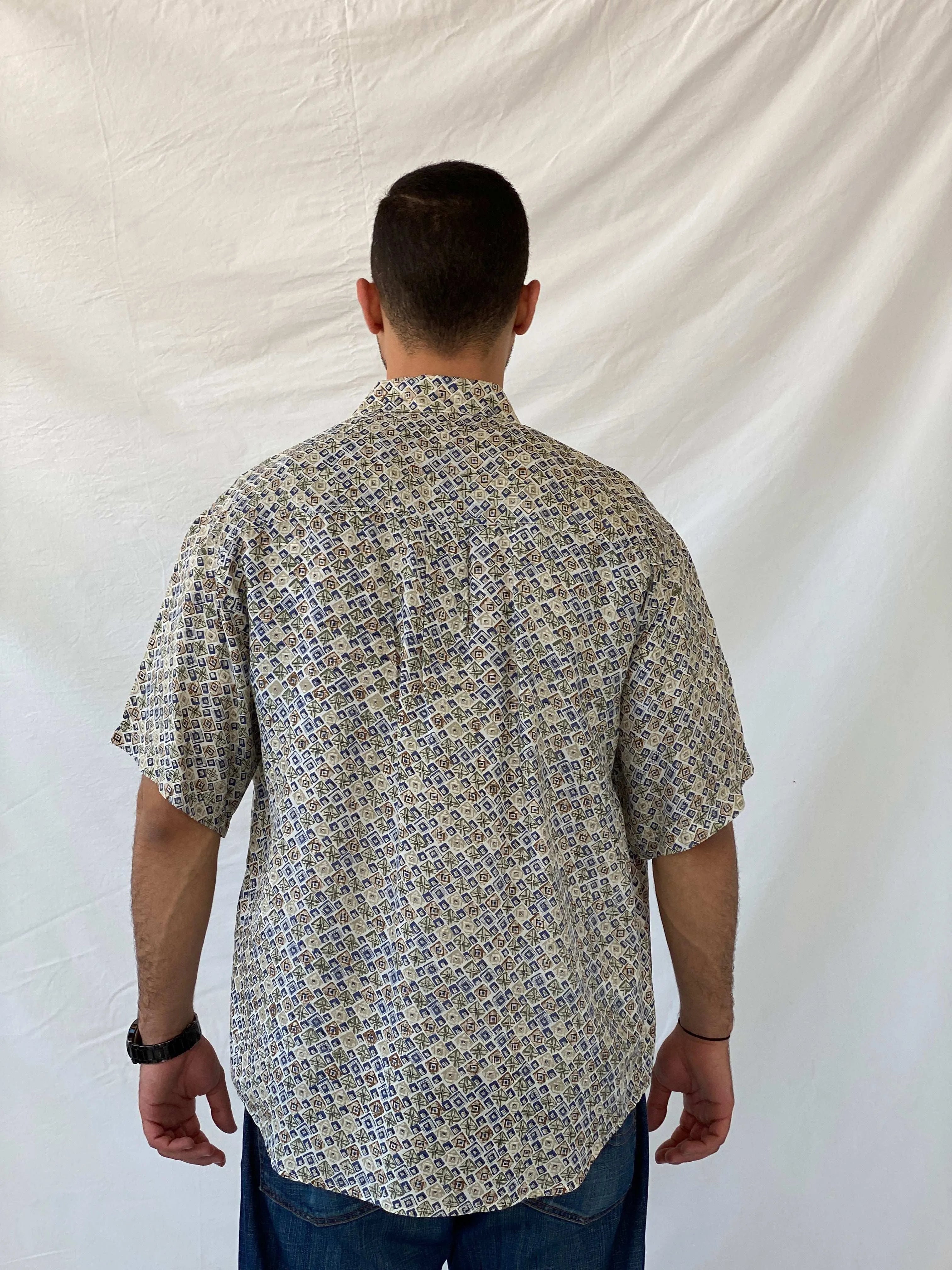 Vintage 90s MONTAGE Abstract Print Men’s Silk Button-Up Shirt - L - Balagan Vintage Half Sleeve Shirt 90s, half sleeve shirt, mens shirt, printed shirt, printed silk shirt, Ramez, silk, silk shirt