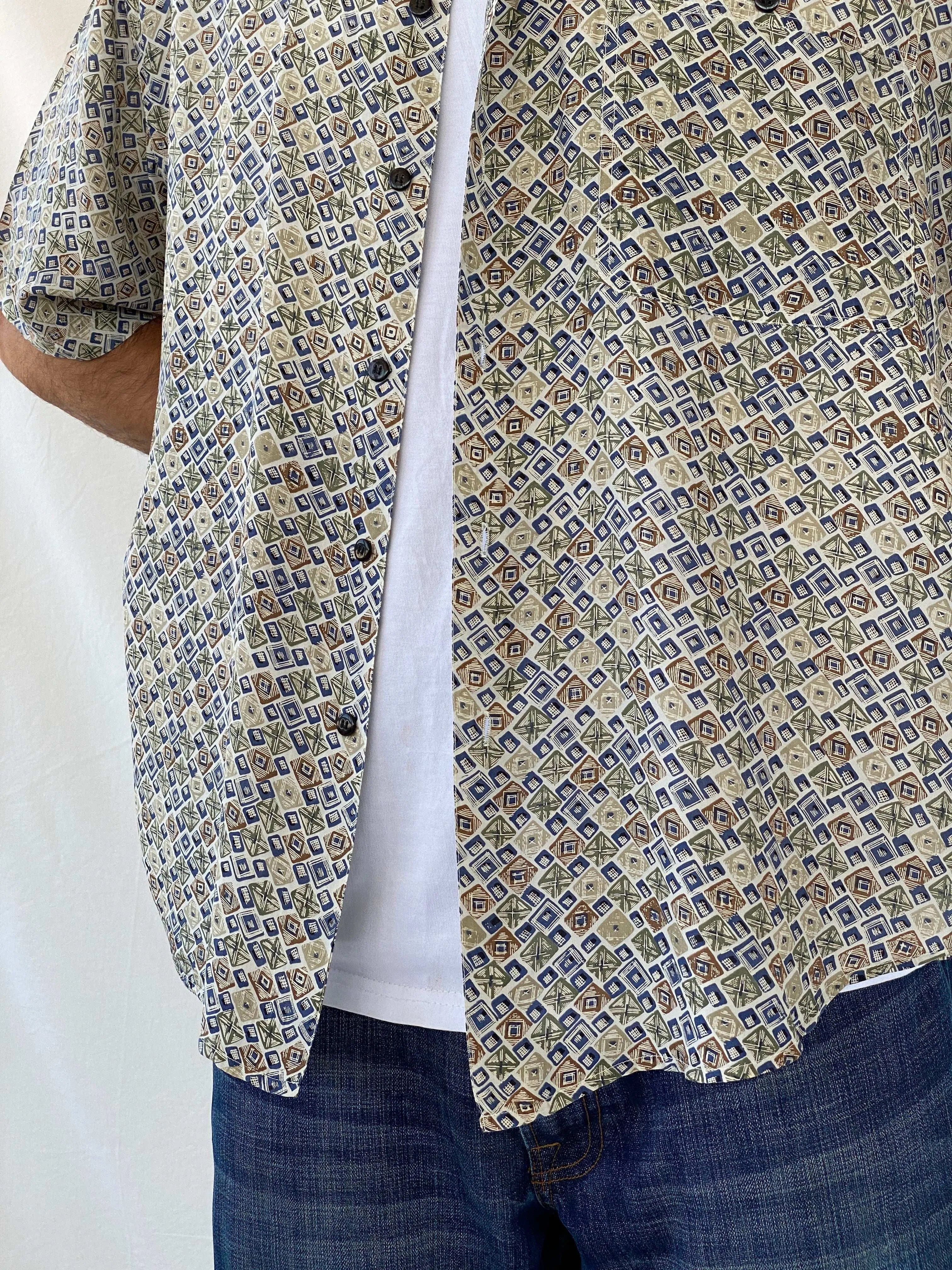 Vintage 90s MONTAGE Abstract Print Men’s Silk Button-Up Shirt - L - Balagan Vintage Half Sleeve Shirt 90s, half sleeve shirt, mens shirt, printed shirt, printed silk shirt, Ramez, silk, silk shirt