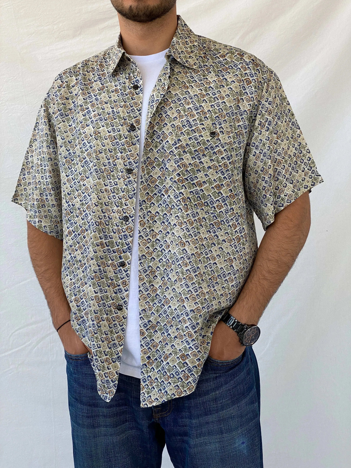 Vintage 90s MONTAGE Abstract Print Men’s Silk Button-Up Shirt - Summer Vintage 90s MONTAGE Abstract Print Men’s Silk Button-Up Shirt - Summer