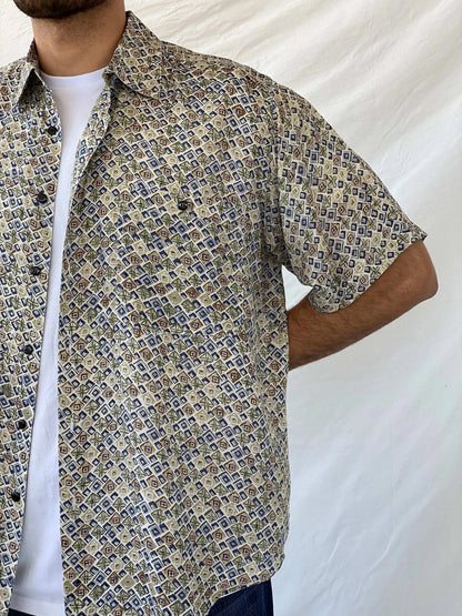 Vintage 90s MONTAGE Abstract Print Men’s Silk Button-Up Shirt - L - Balagan Vintage Half Sleeve Shirt 90s, half sleeve shirt, mens shirt, printed shirt, printed silk shirt, Ramez, silk, silk shirt