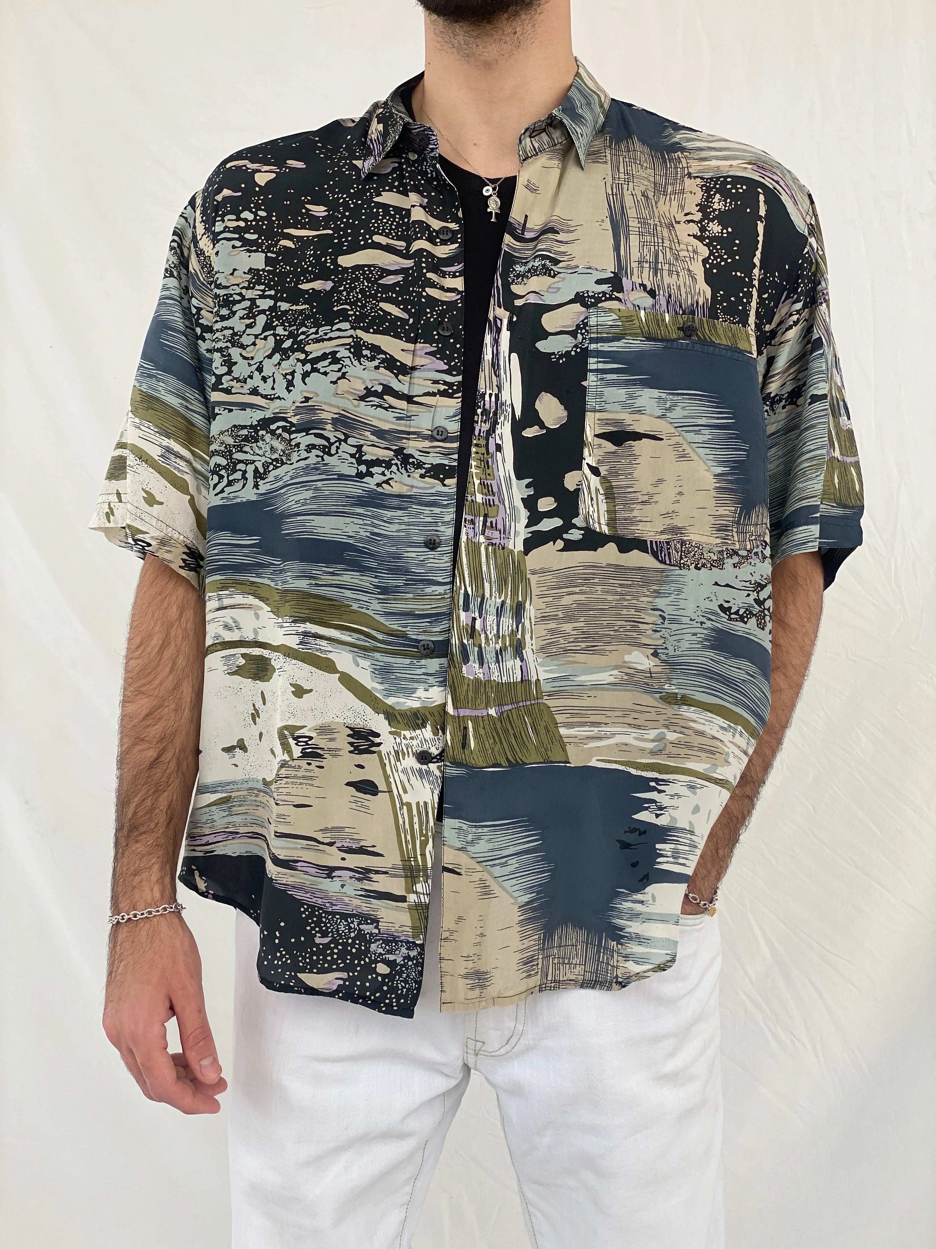 Vintage 90s Montage Abstract Printed Silk Shirt - L - Balagan Vintage Half Sleeve Shirt 00s, 90s, Awsam, half sleeve shirt, printed shirt, silk shirt