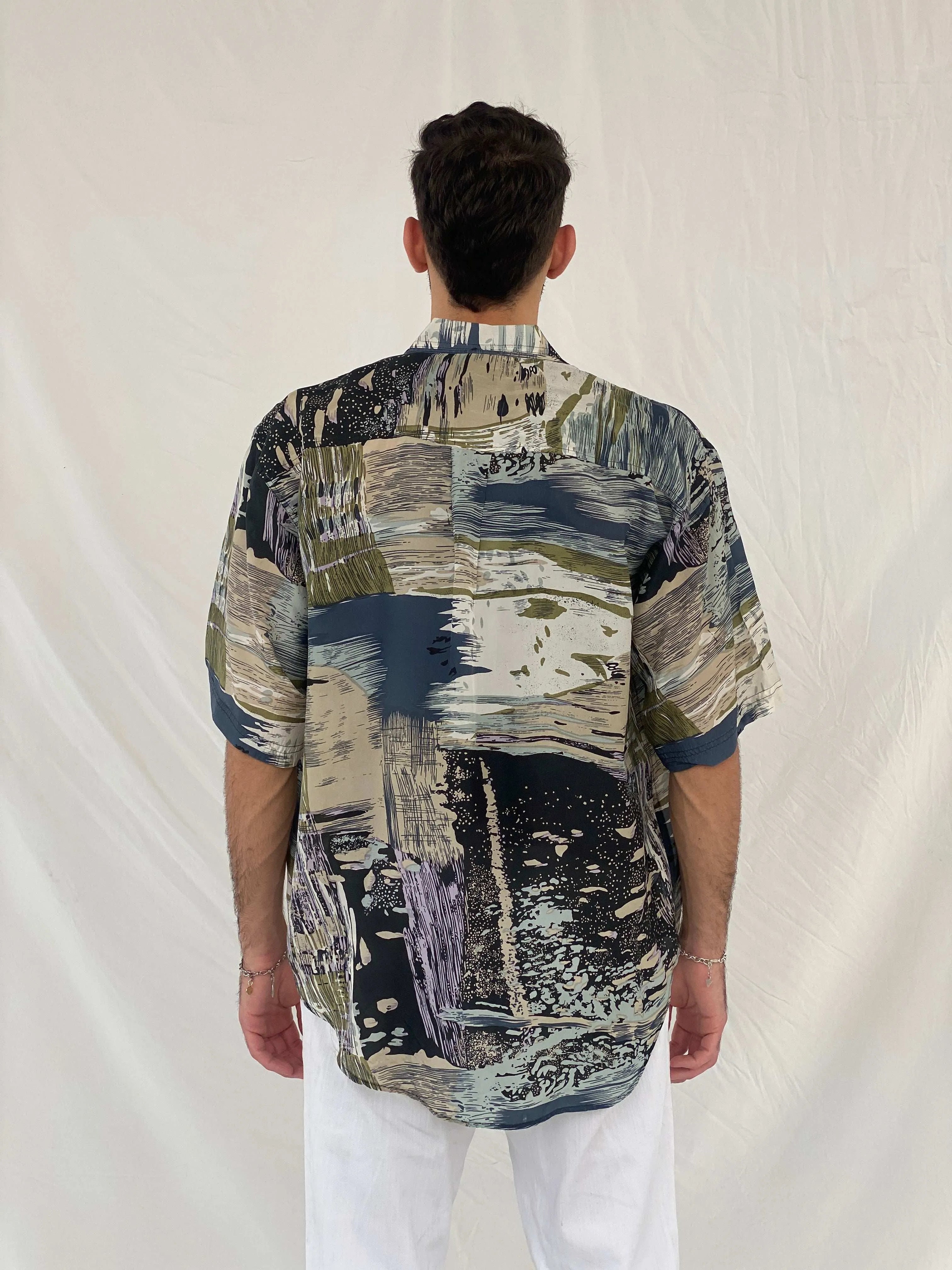 Vintage 90s Montage Abstract Printed Silk Shirt - L - Balagan Vintage Half Sleeve Shirt 00s, 90s, Awsam, half sleeve shirt, printed shirt, silk shirt