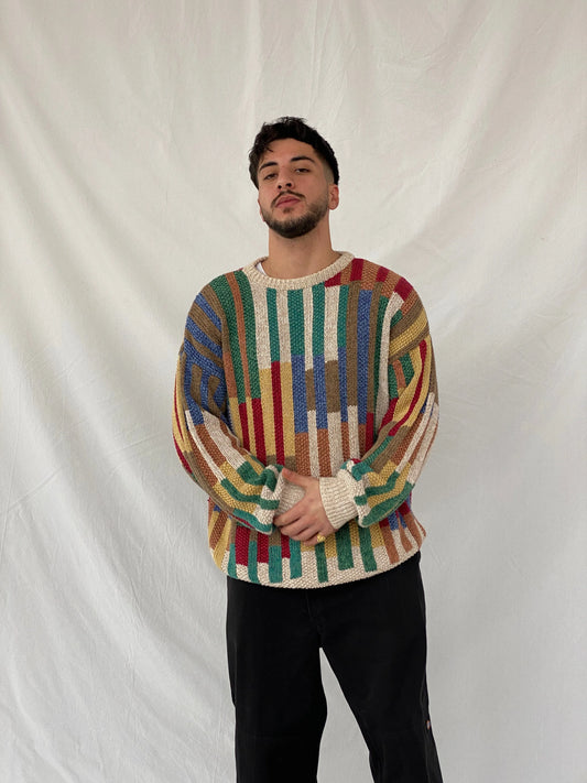 Vintage 90s Norm Thompson Men’s Crew Neck Color Block Striped Knit Sweater - XL - Balagan Vintage Sweater 90s, Hamza, knitted sweater, sweater, winter