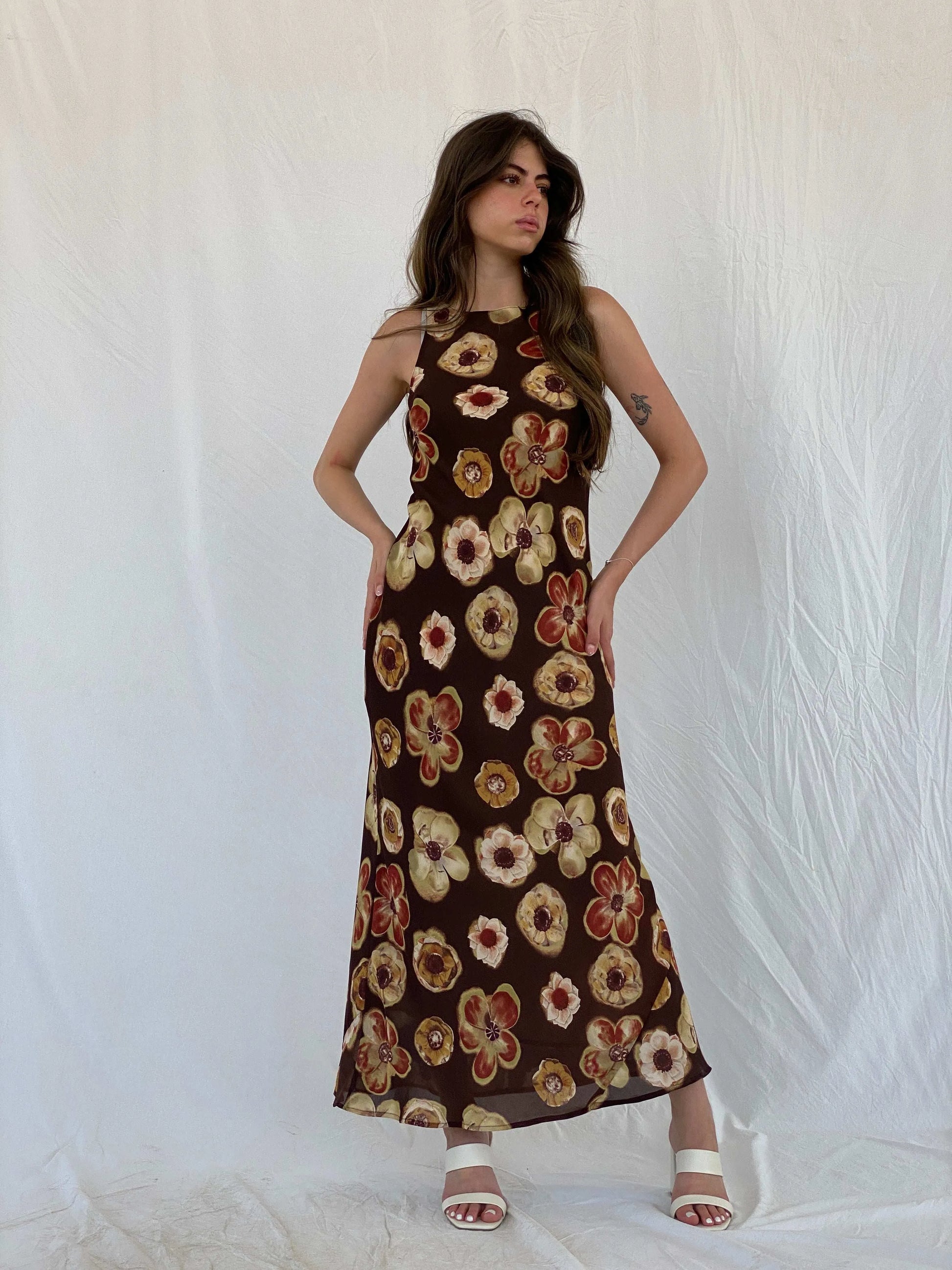 Vintage 90s PJLA Floral Brown Bodycon Sleeveless Maxi Dress - M - Balagan Vintage Maxi Dress 00s, 90s, maxi dress, Mira