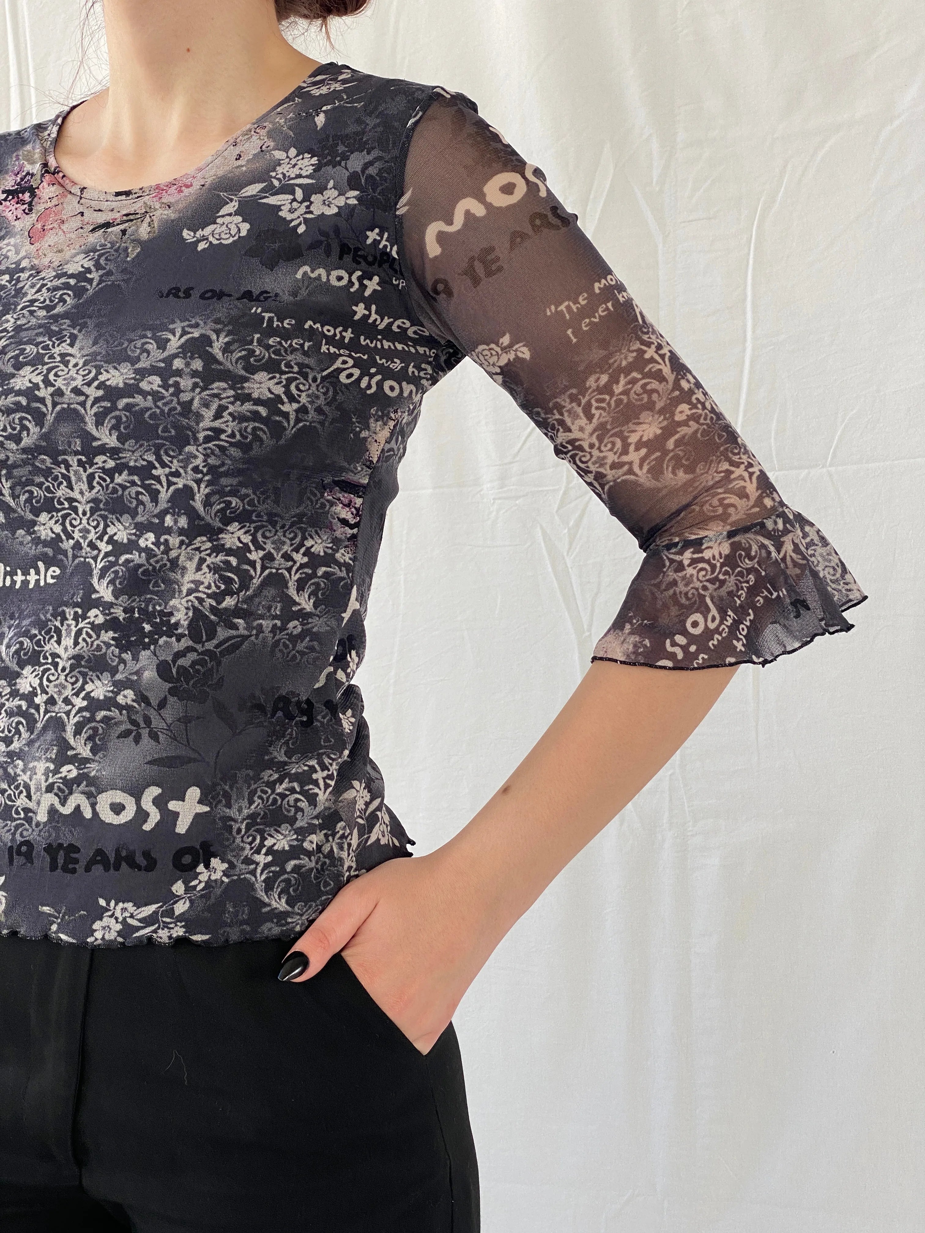 Vintage 90s Pure & Simple Black Graphic 3/4 Sleeve Mesh Top - S - Balagan Vintage Full Sleeve Top 00s, Ayah, graphic, graphic top, mesh top, Top, women top