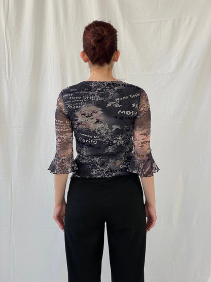 Vintage 90s Pure & Simple Black Graphic 3/4 Sleeve Mesh Top - S - Balagan Vintage Full Sleeve Top 00s, Ayah, graphic, graphic top, mesh top, Top, women top