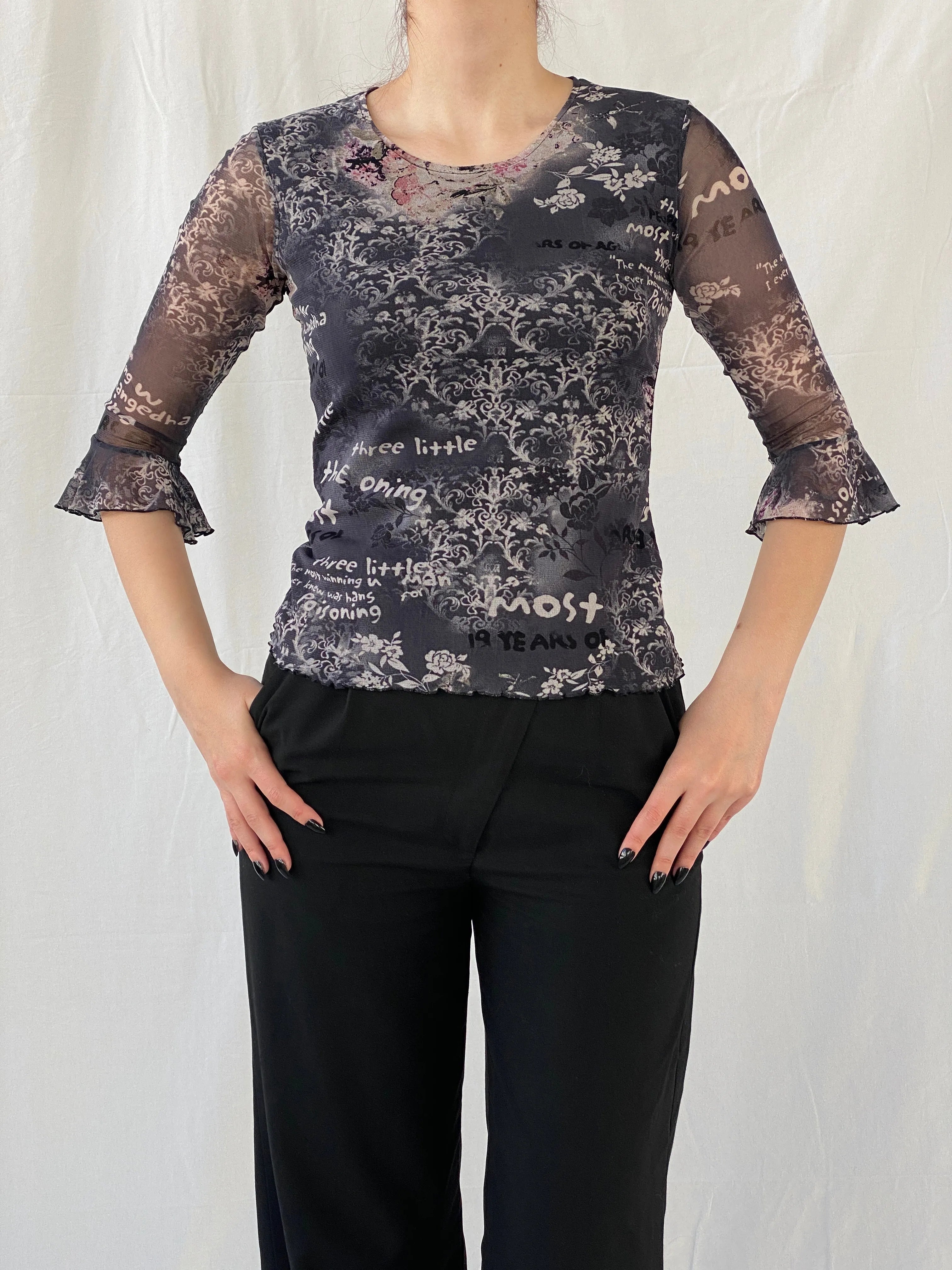 Vintage 90s Pure & Simple Black Graphic 3/4 Sleeve Mesh Top - S - Balagan Vintage Full Sleeve Top 00s, Ayah, graphic, graphic top, mesh top, Top, women top
