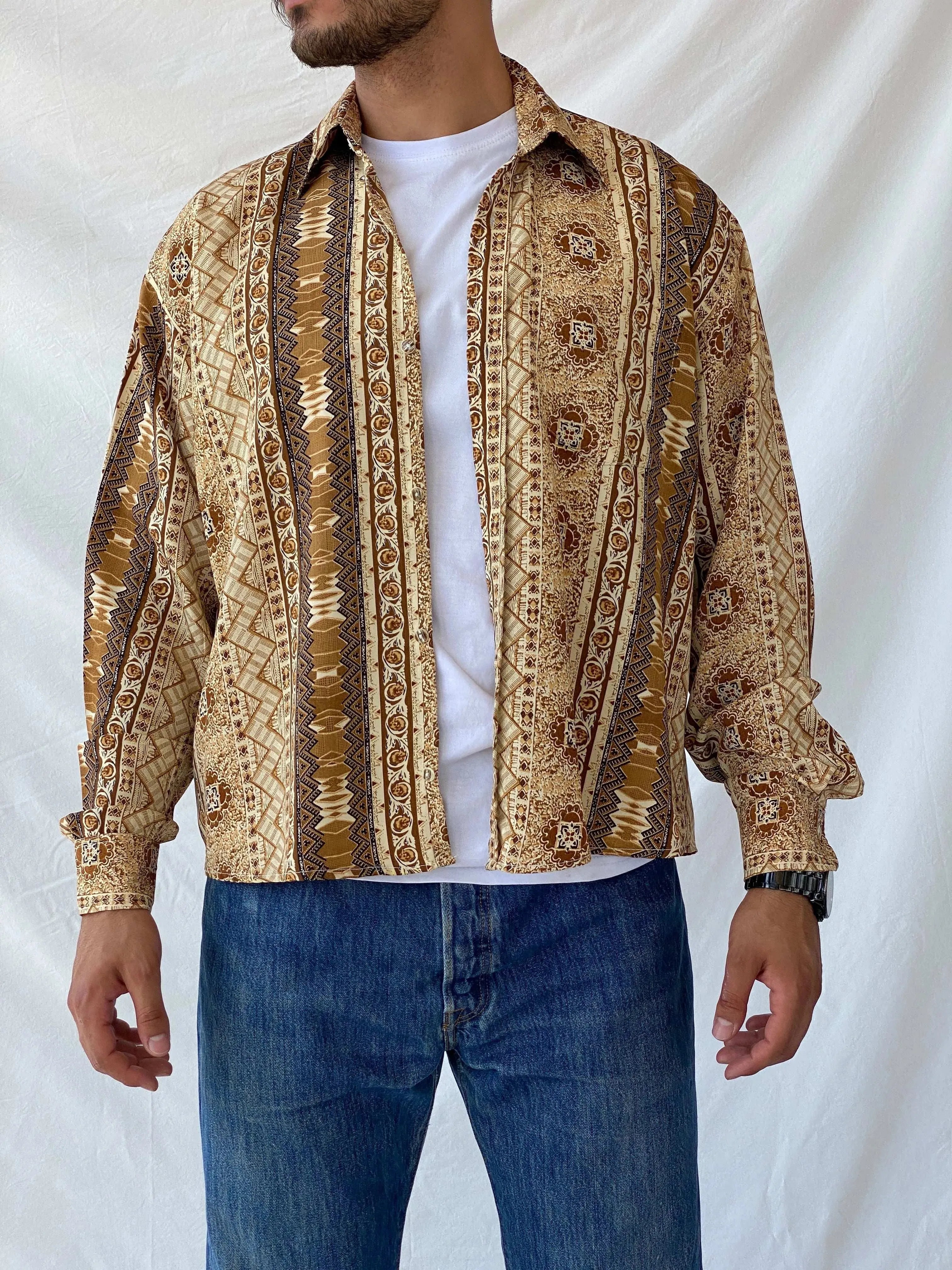 Vintage 90s RG Club Neutral Tone Full Sleeve Shirt - L - Balagan Vintage Full sleeve Shirt 90s, full sleeve shirt, mens shirt, printed shirt, Ramez