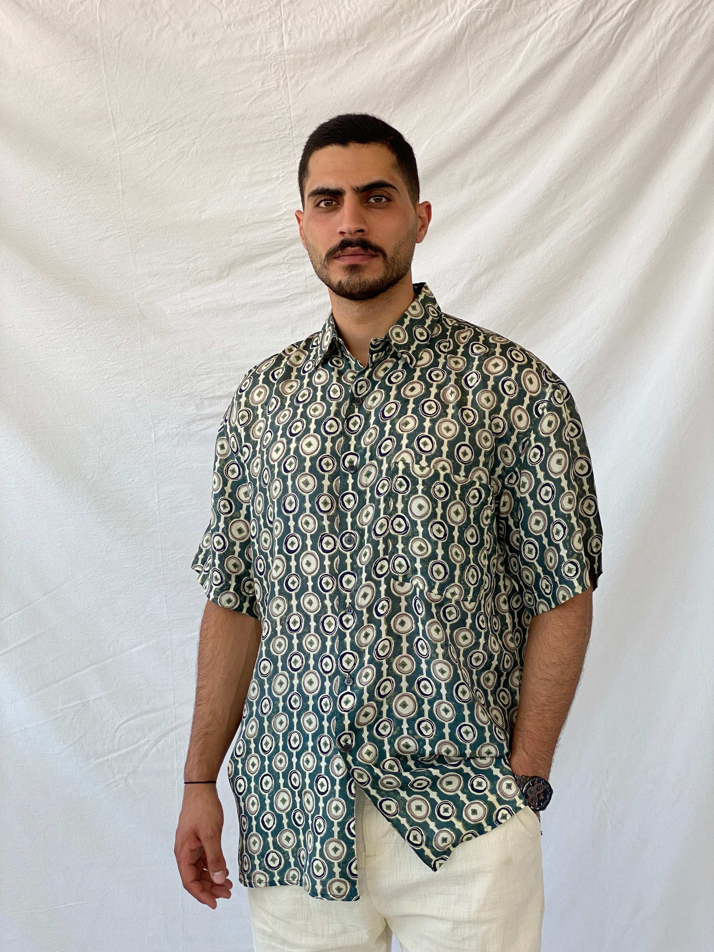 Vintage 90s Robert Stock Half Sleeve Silk Shirt - L - Balagan Vintage Half Sleeve Top 90s, half sleeve shirt, mens shirt, printed shirt, printed silk shirt, Ramez, silk shirt