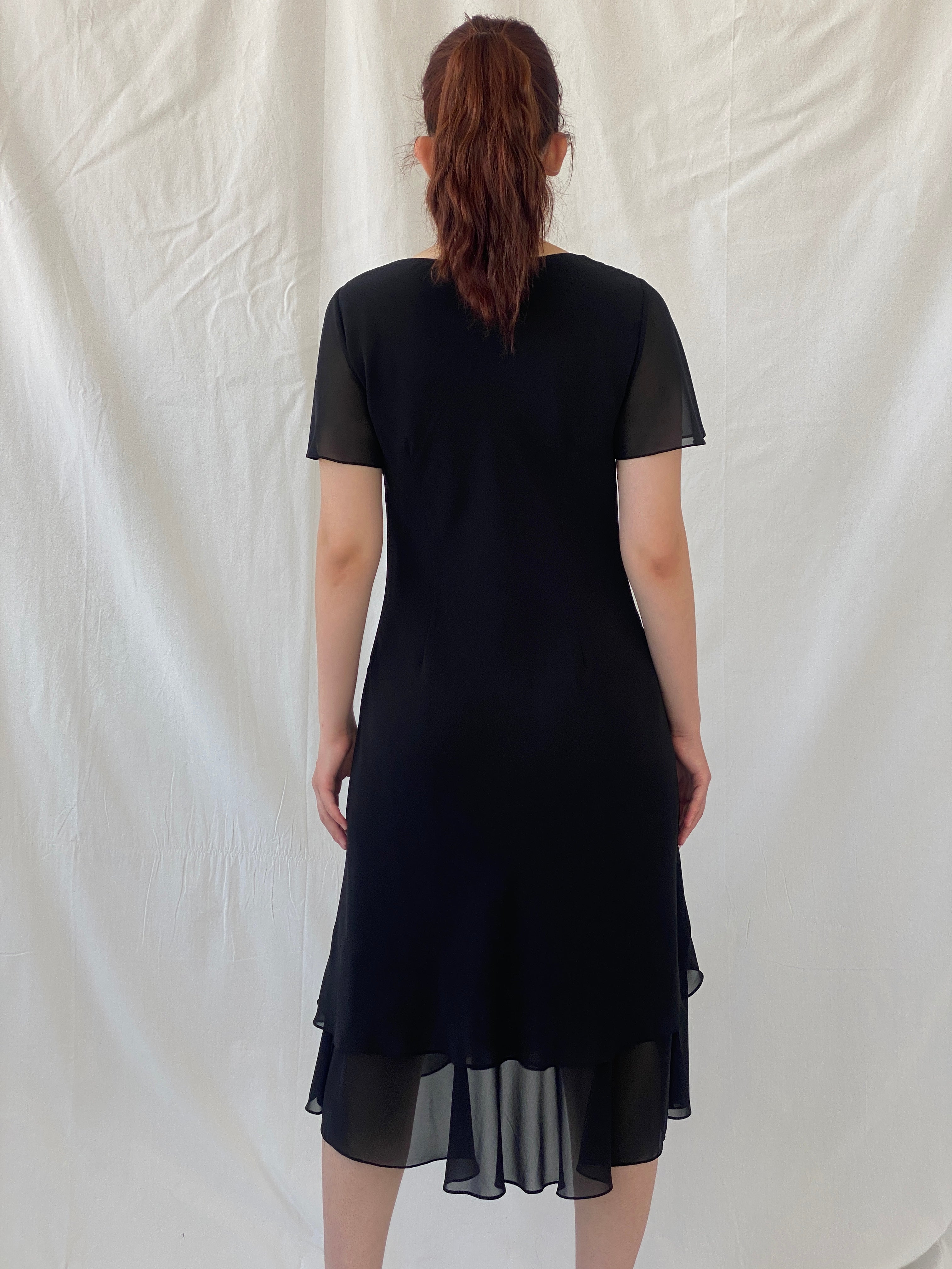 Vintage 90s Romantic Black Midi Short Sleeve Cowl Neck Dress - L - Balagan Vintage Midi Dress 90s, Ayah, black dress, dress, midi dress, vintage dress, Wedding Guest