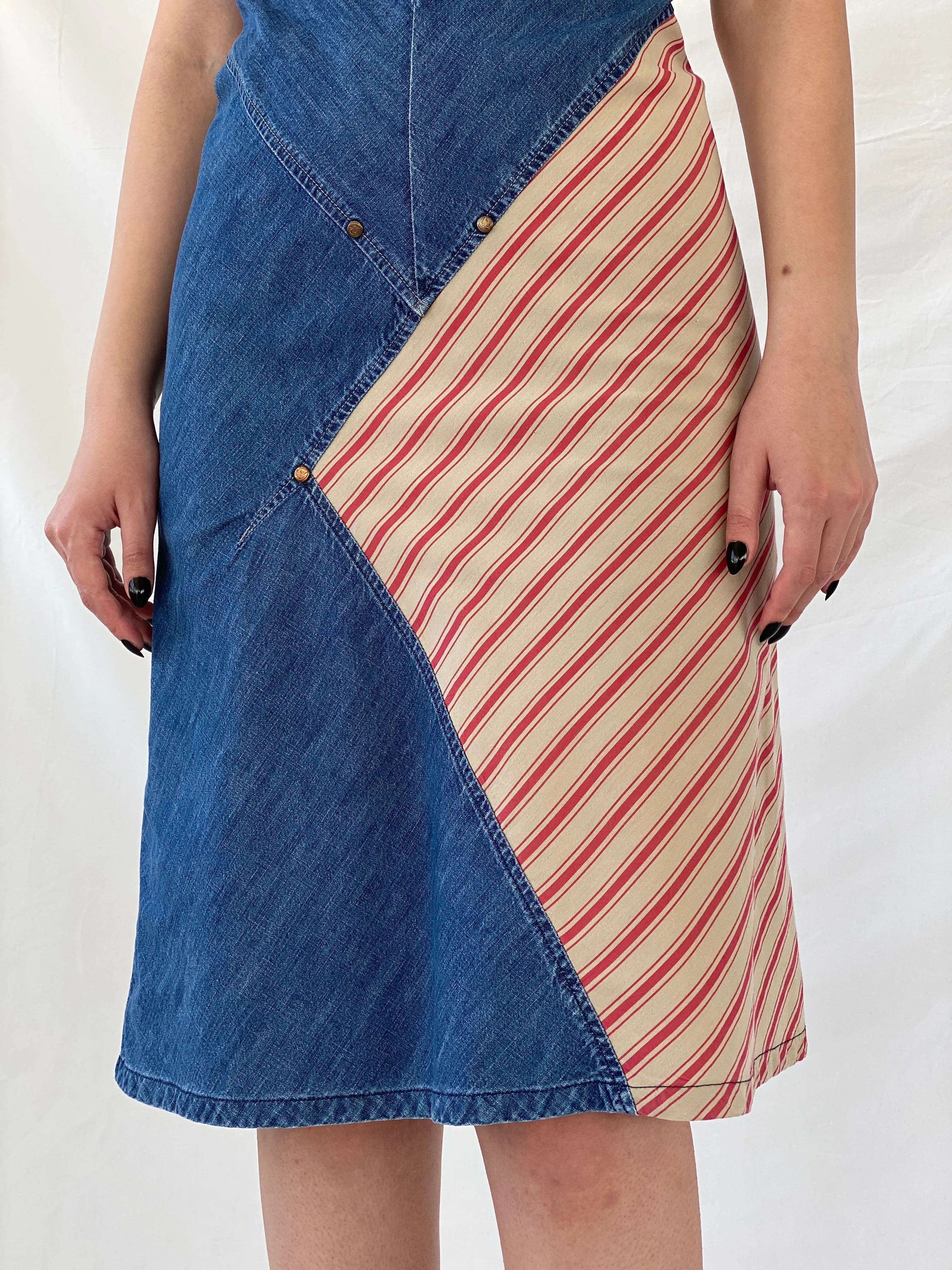 Vintage 90s Roxy Life Quicksilver Denim Striped Red Patch Midi Dress - S - Balagan Vintage Midi Dress Ayah, denim, dress, midi dress, NEW IN, summer dress