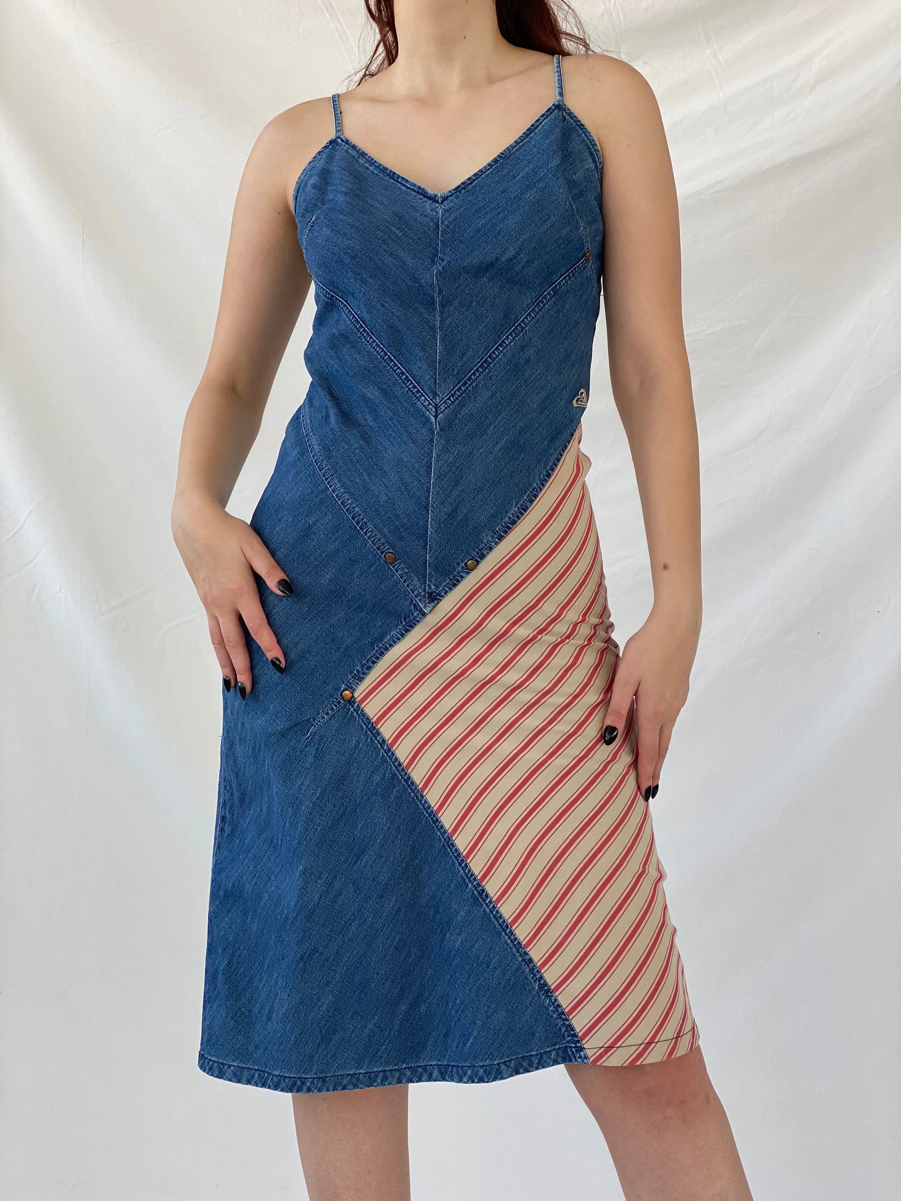Vintage 90s Roxy Life Quicksilver Denim Striped Red Patch Midi Dress - S - Balagan Vintage Midi Dress Ayah, denim, dress, midi dress, NEW IN, summer dress