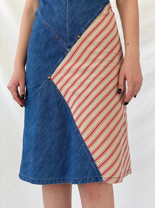 Vintage 90s Roxy Life Quicksilver Denim Striped Red Patch Midi Dress - S - Balagan Vintage Midi Dress Ayah, denim, dress, midi dress, summer dress
