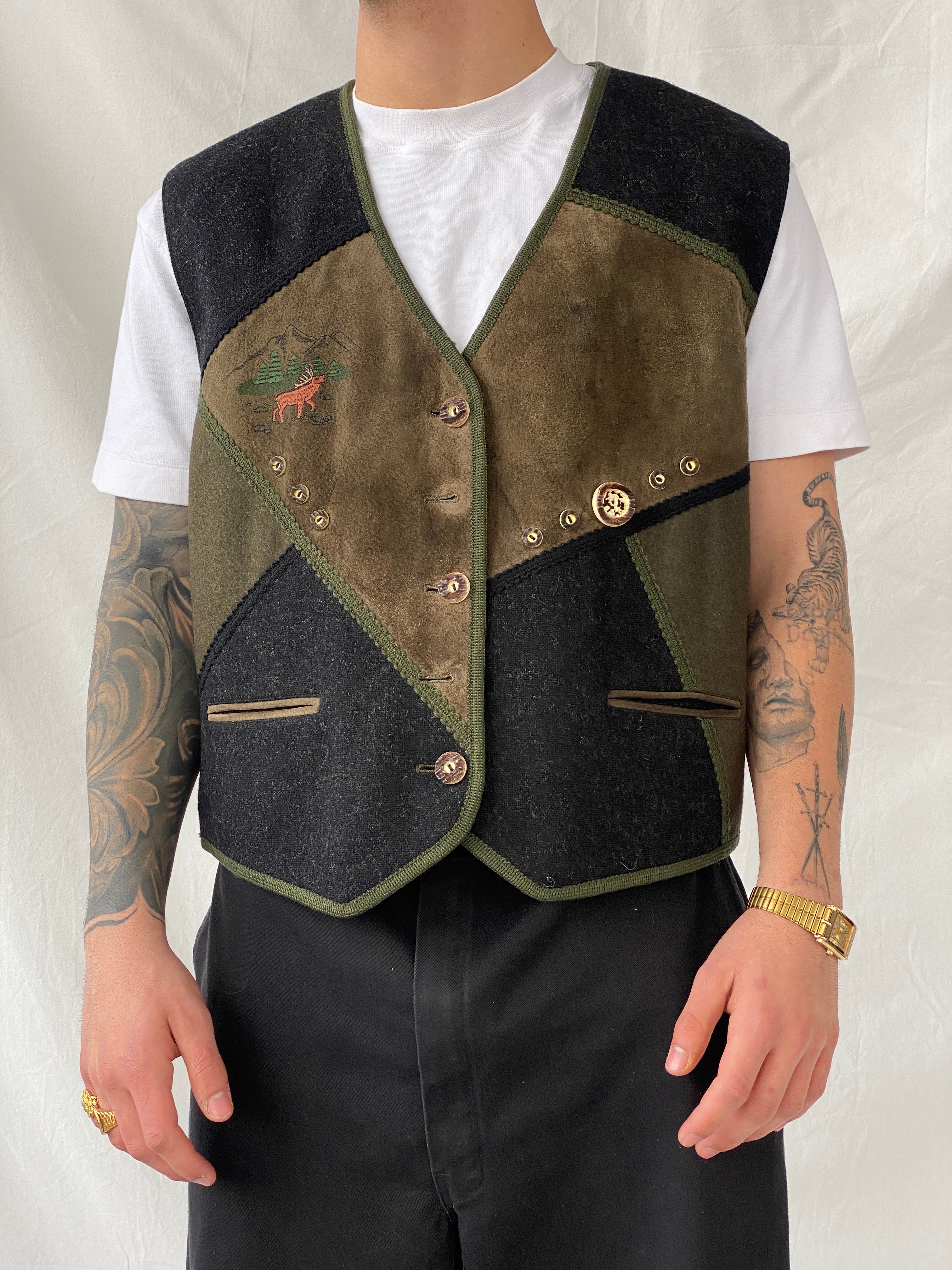 Vintage 90s Salzburger Loden Look Wool Blend Black With Embroidery Vest - XL - Balagan Vintage Vest 90s, Hamza, men, men top, NEW IN, streetwear, vest, vintage, winter