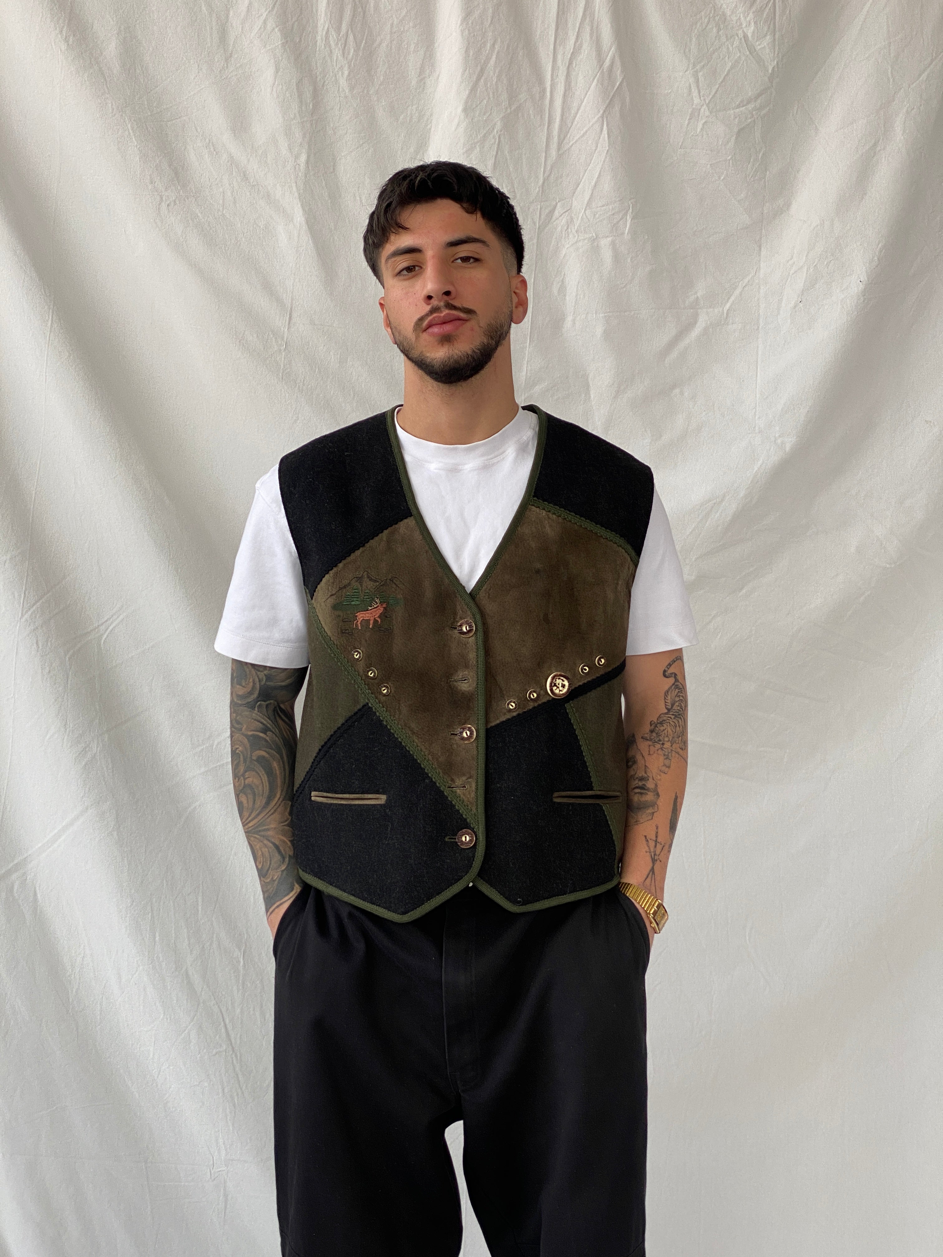 Vintage 90s Salzburger Loden Look Wool Blend Black With Embroidery Vest - XL - Balagan Vintage Vest 90s, Hamza, men, men top, NEW IN, streetwear, vest, vintage, winter