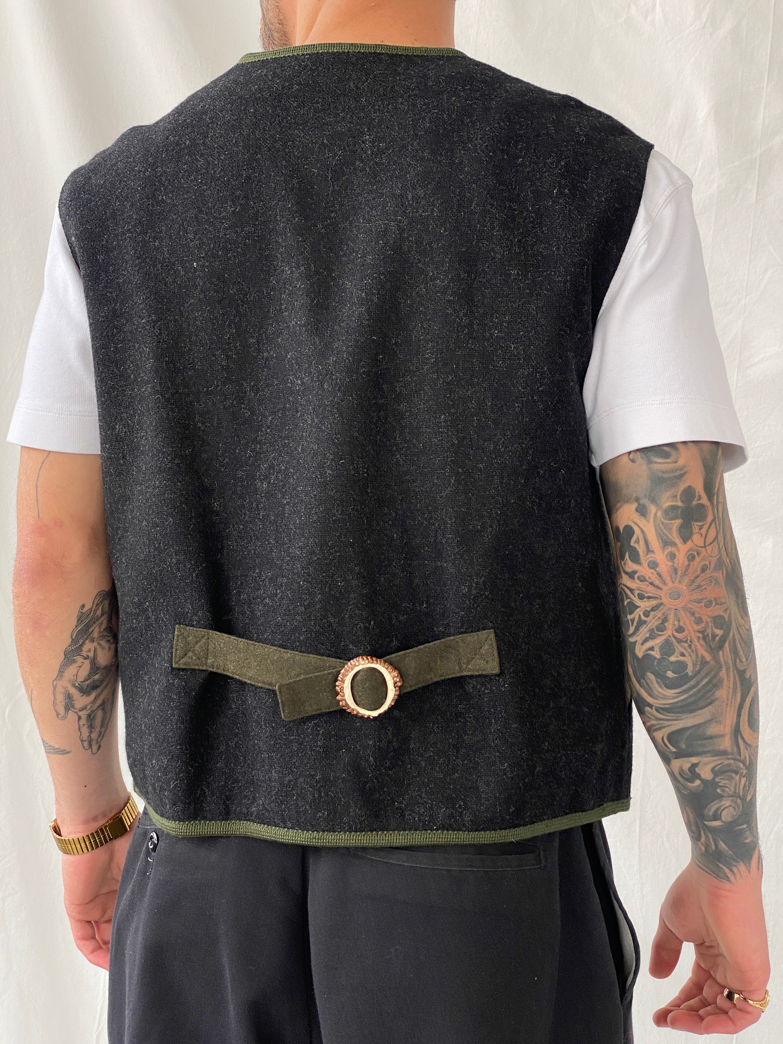 Vintage 90s Salzburger Loden Look Wool Blend Black With Embroidery Vest - XL - Balagan Vintage Vest 90s, Hamza, men, men top, NEW IN, streetwear, vest, vintage, winter