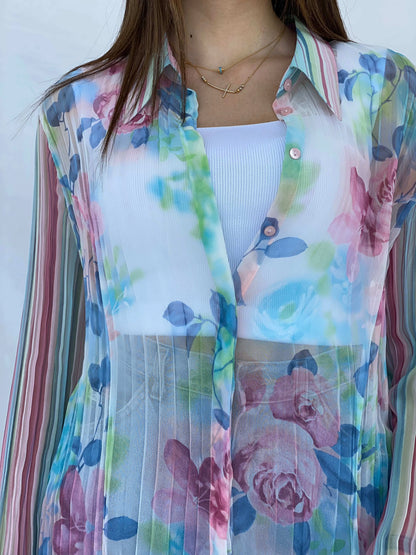 Vintage 90s SE STENAU Sheer Floral Shirt - Size XL - Balagan Vintage Full Sleeve Shirt 90s, floral, floral mesh, floral print, floral shirt, Juana