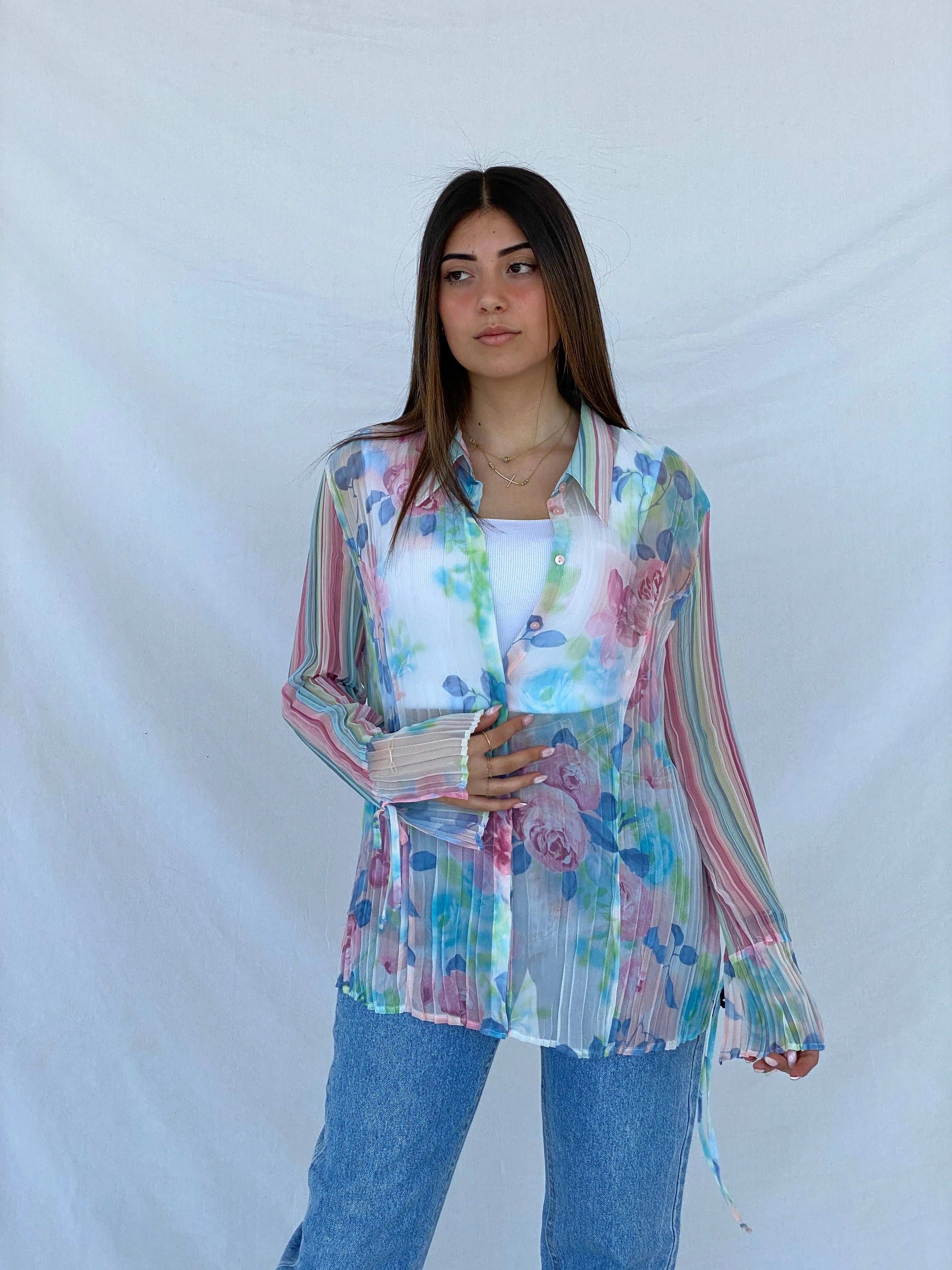 Vintage 90s SE STENAU Sheer Floral Shirt - Size XL - Balagan Vintage Full Sleeve Shirt 90s, floral, floral mesh, floral print, floral shirt, Juana