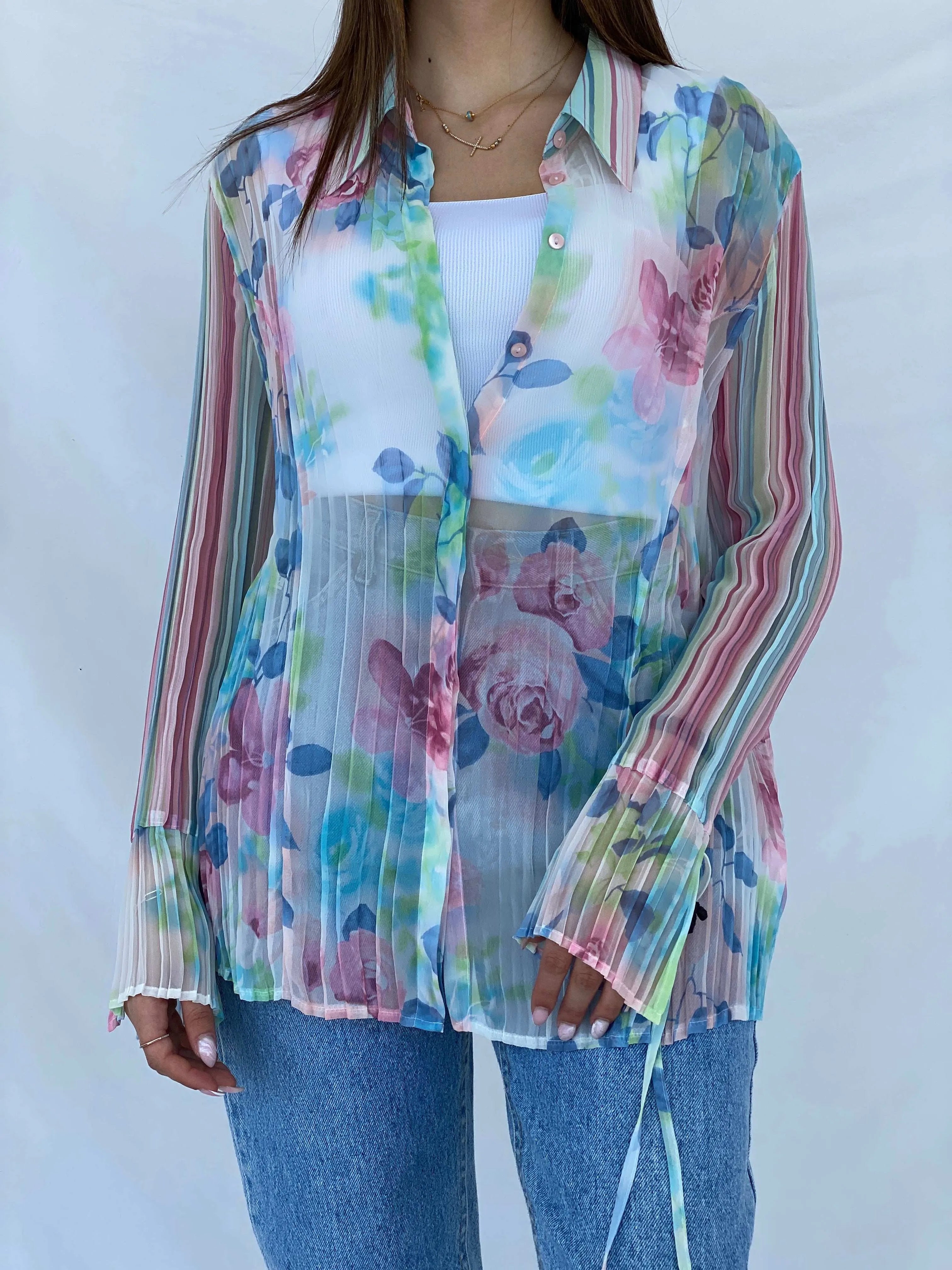 Vintage 90s SE STENAU Sheer Floral Shirt - Size XL - Balagan Vintage Full Sleeve Shirt 90s, floral, floral mesh, floral print, floral shirt, Juana