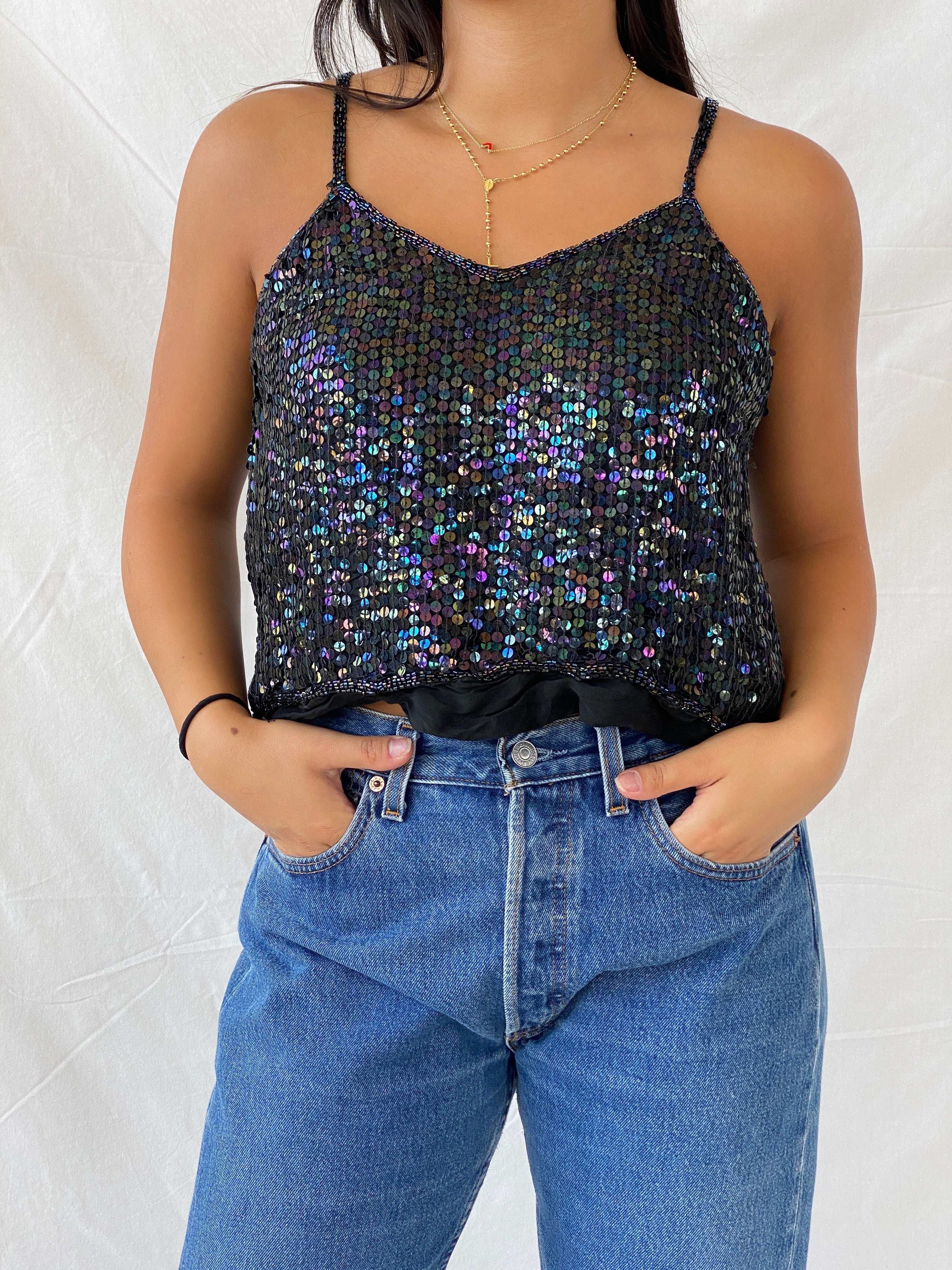 Vintage 90s Sequined Silk Cami Top - M - Balagan Vintage Cami Cami, Lana, shimmer, summer