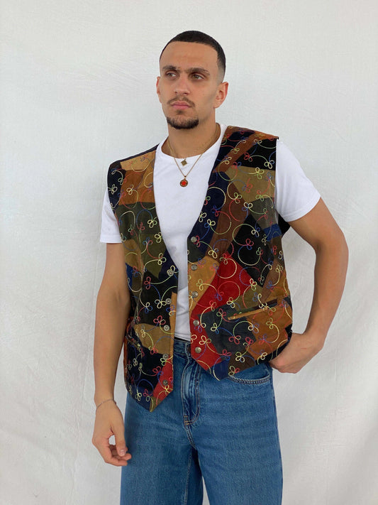 Vintage 90s Simply Good Leather Fashion Embroidered Patchwork Leather Vest - Balagan Vintage Vest 80s, 90s, Abdullah, genuine leather vest, leather vest, mens vest, vest