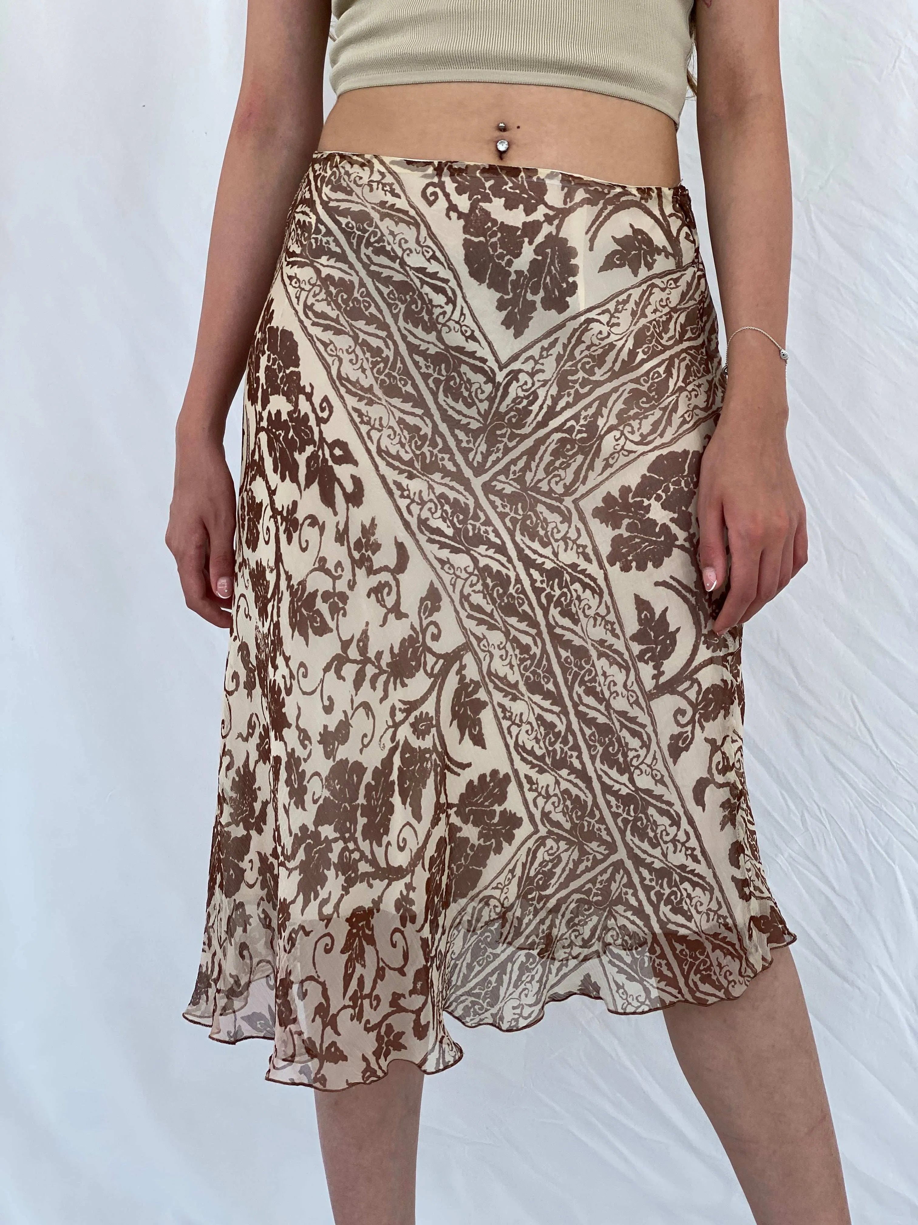 Vintage 90s Sinéquanone Brown and Beige Floral Silk Midi Skirt - M - Balagan Vintage Midi Skirt 00s, 90s, floral, floral skirt, midi skirt, Mira, striped