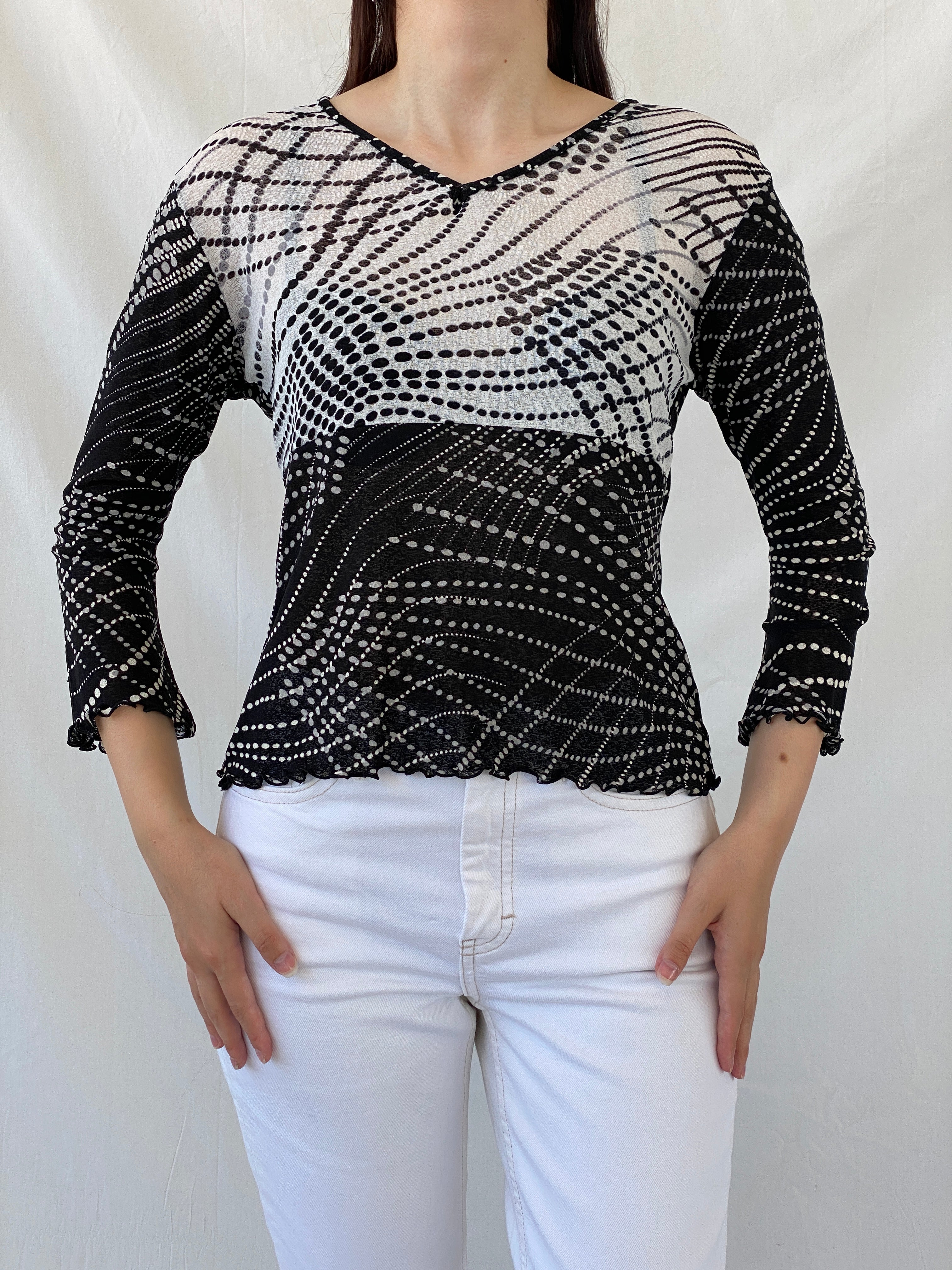 Vintage 90s SOLO Italy Black White Polka Dot Long Sleeve Mesh Top - L - Balagan Vintage Full Sleeve Top 90s, Ayah, mesh, NEW IN, summer, women top