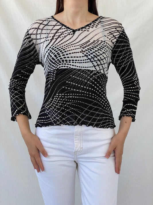 Vintage 90s SOLO Italy Black White Polka Dot Long Sleeve Mesh Top - L - Balagan Vintage Full Sleeve Top 90s, Ayah, mesh, NEW IN, summer, women top