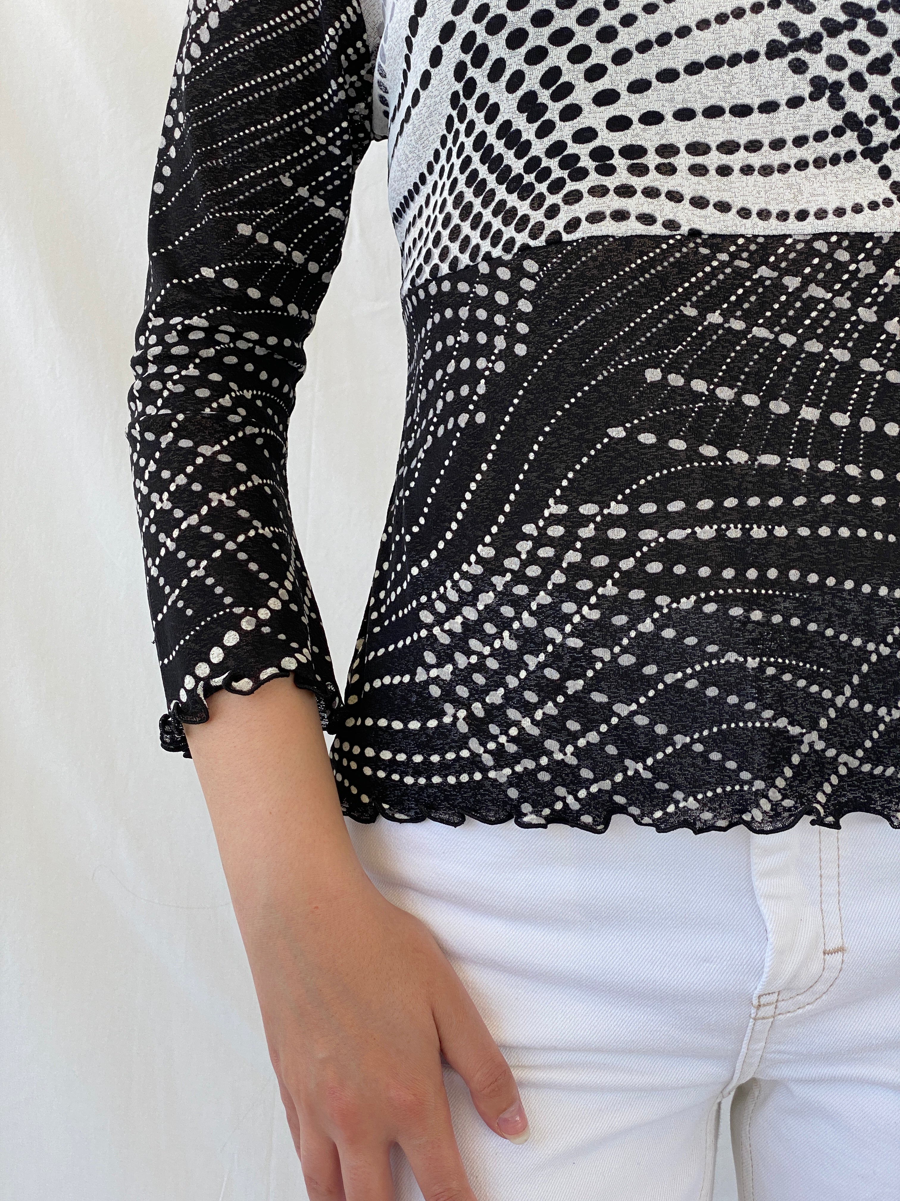 Vintage 90s SOLO Italy Black White Polka Dot Long Sleeve Mesh Top - L - Balagan Vintage Full Sleeve Top 90s, Ayah, mesh, NEW IN, summer, women top
