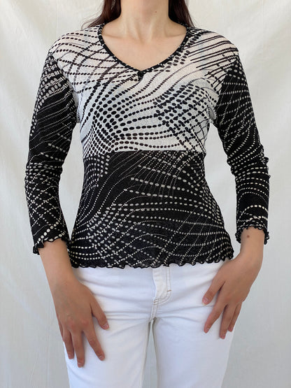 Vintage 90s SOLO Italy Black White Polka Dot Long Sleeve Mesh Top - L - Balagan Vintage Full Sleeve Top 90s, Ayah, mesh, NEW IN, summer, women top