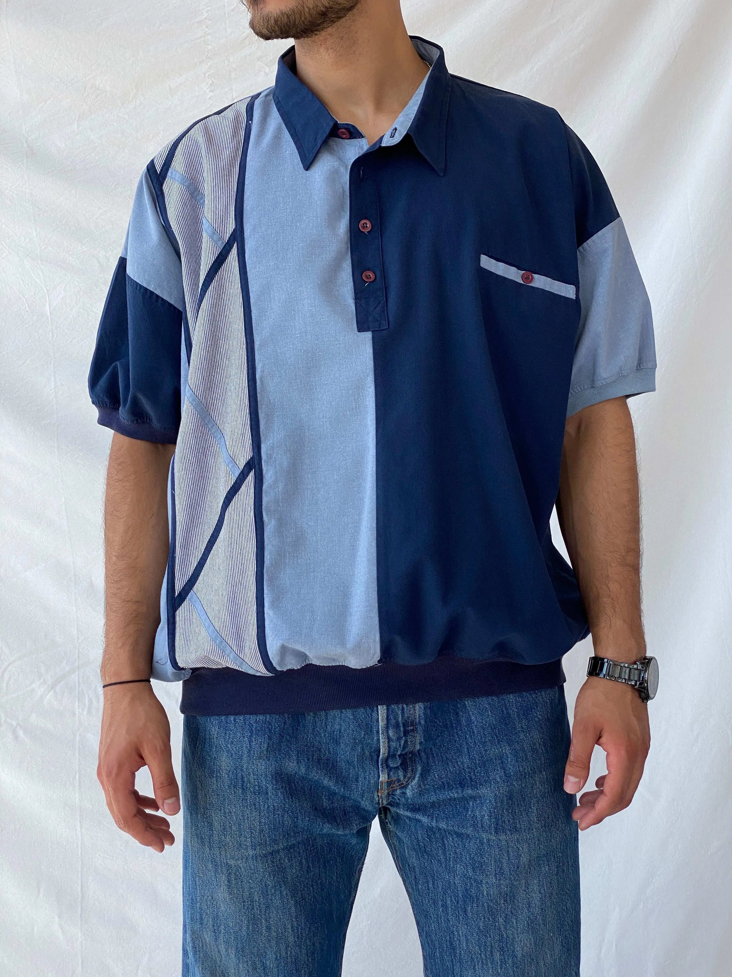 Vintage 90s Streetwear Alexxus Blue Men’s Polo Shirt - 2XL - Balagan Vintage Half Sleeve Top 90s, geometric print, graphic top, men top, Ramez, striped, striped shirt