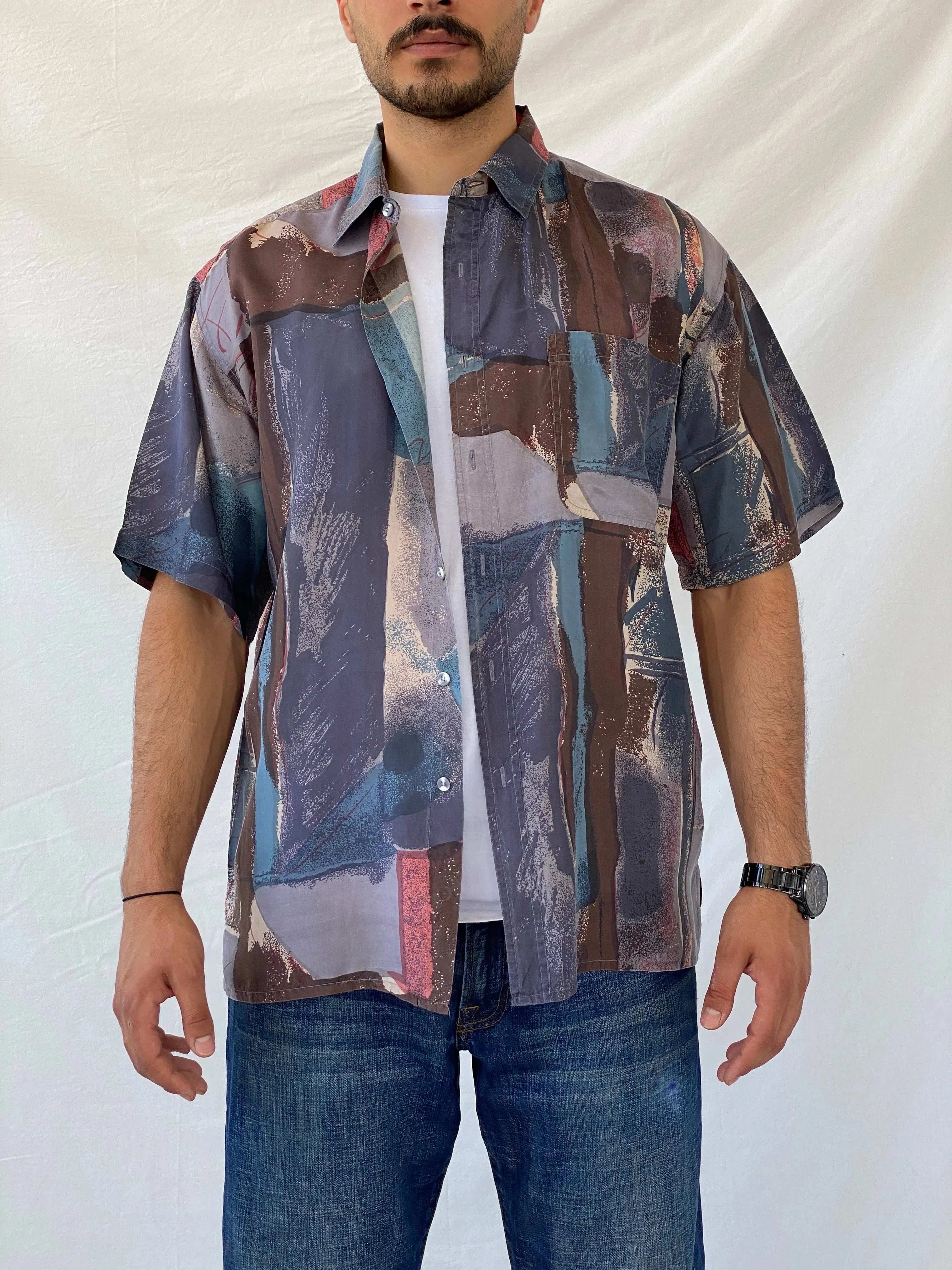 Vintage 90s Surprise Abstract Printed Men’s Silk Shirt - L - Balagan Vintage Half Sleeve Shirt 90s, half sleeve shirt, mens shirt, printed shirt, printed silk shirt, Ramez, silk, silk shirt