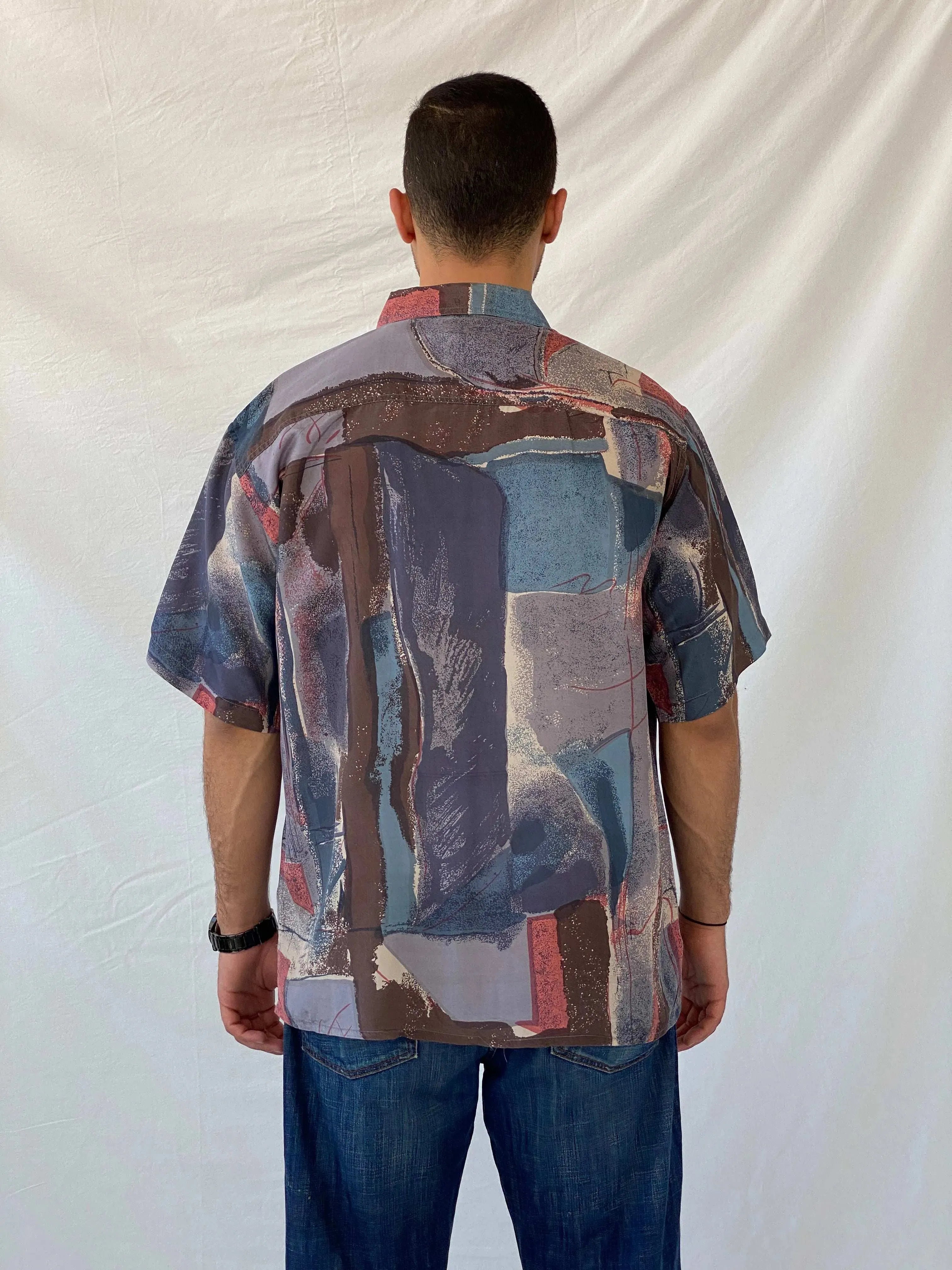 Vintage 90s Surprise Abstract Printed Men’s Silk Shirt - L - Balagan Vintage Half Sleeve Shirt 90s, half sleeve shirt, mens shirt, printed shirt, printed silk shirt, Ramez, silk, silk shirt
