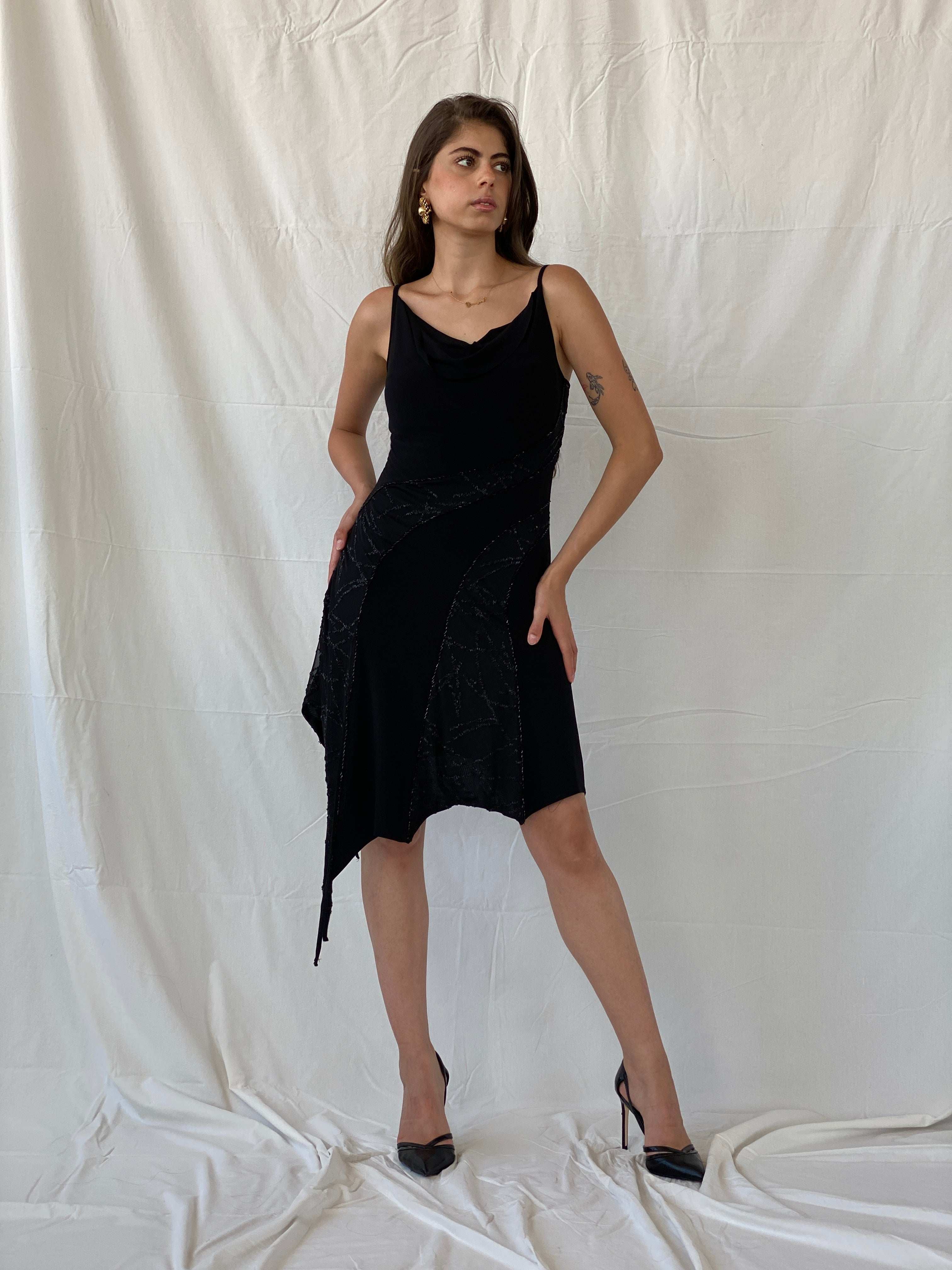 Vintage 90s Tebi Black Beaded Asymmetric Fringed Hem Dress - M - Balagan Vintage Midi Dress 90s, 90s dress, black dress, midi dress, Mira, Wedding Guest