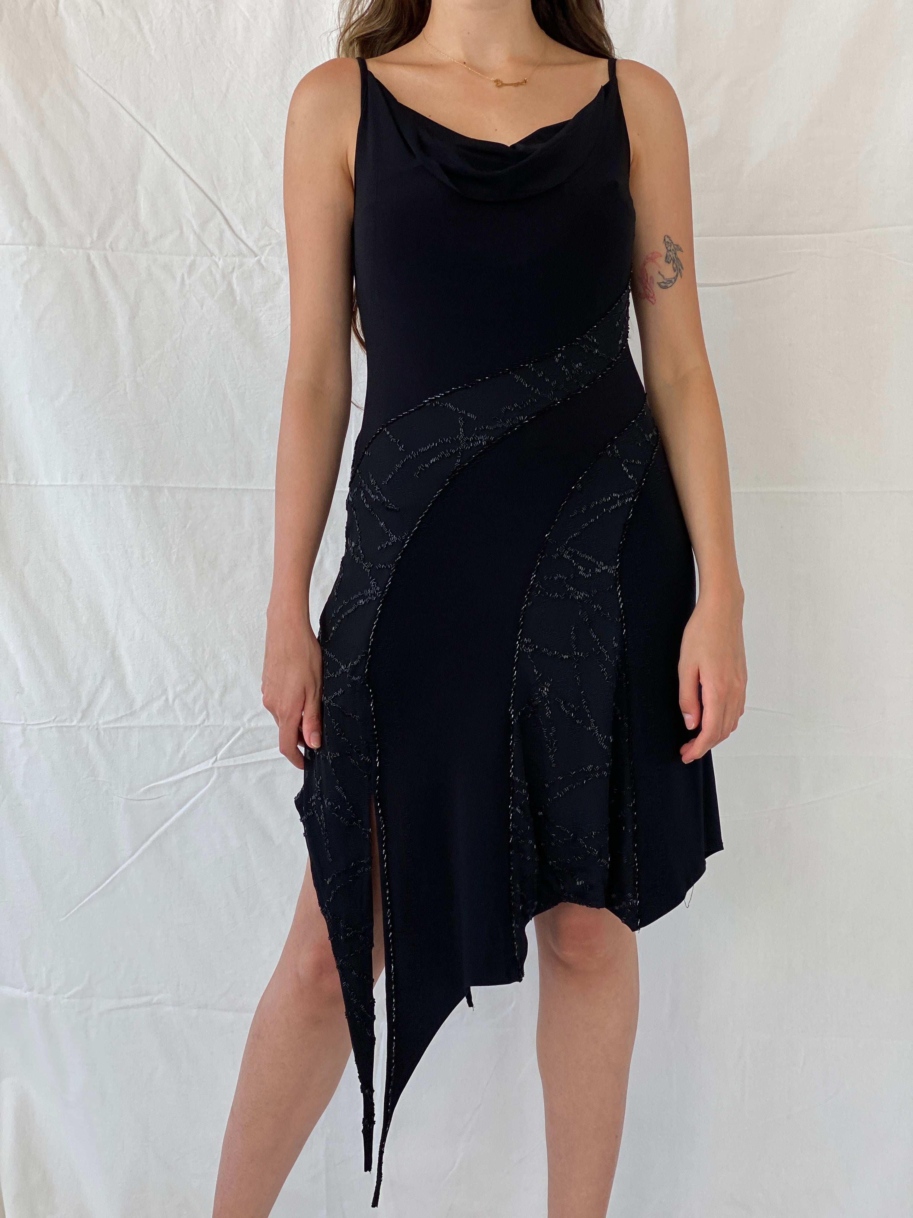 Vintage 90s Tebi Black Beaded Asymmetric Fringed Hem Dress - M - Balagan Vintage Midi Dress 90s, 90s dress, black dress, midi dress, Mira, Wedding Guest