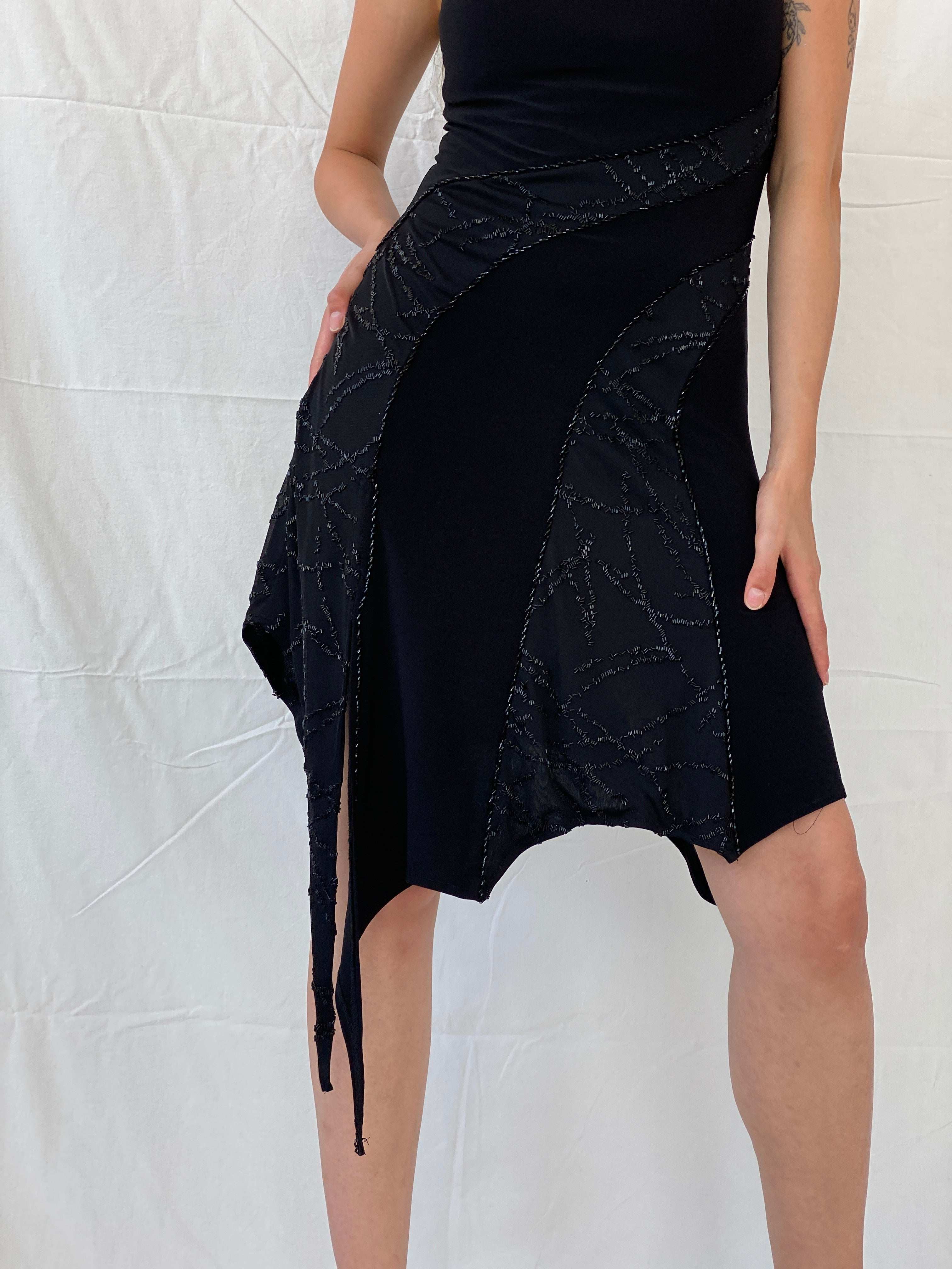 Vintage 90s Tebi Black Beaded Asymmetric Fringed Hem Dress - M - Balagan Vintage Midi Dress 90s, 90s dress, black dress, midi dress, Mira, Wedding Guest