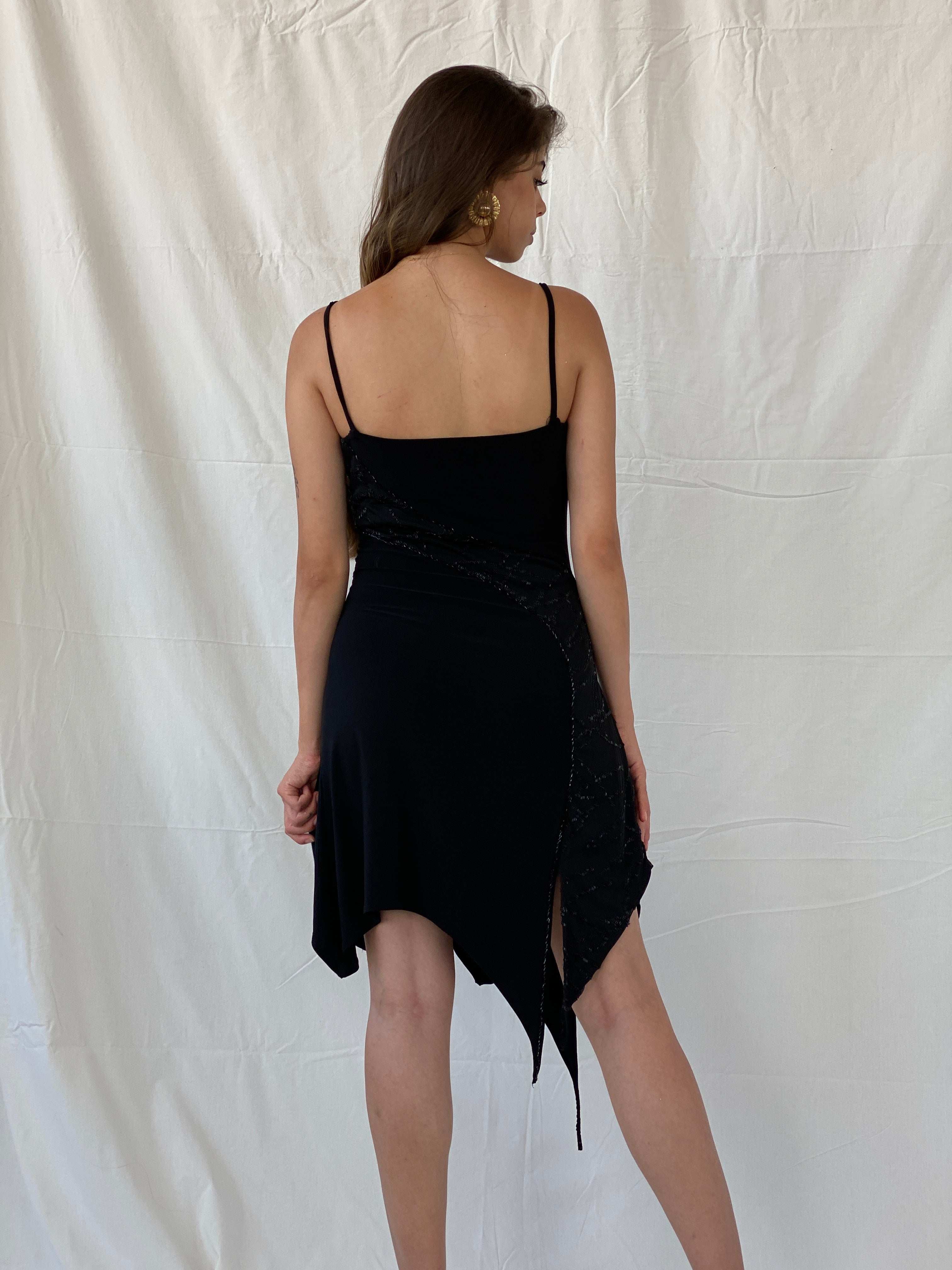 Vintage 90s Tebi Black Beaded Asymmetric Fringed Hem Dress - M - Balagan Vintage Midi Dress 90s, 90s dress, black dress, midi dress, Mira, Wedding Guest