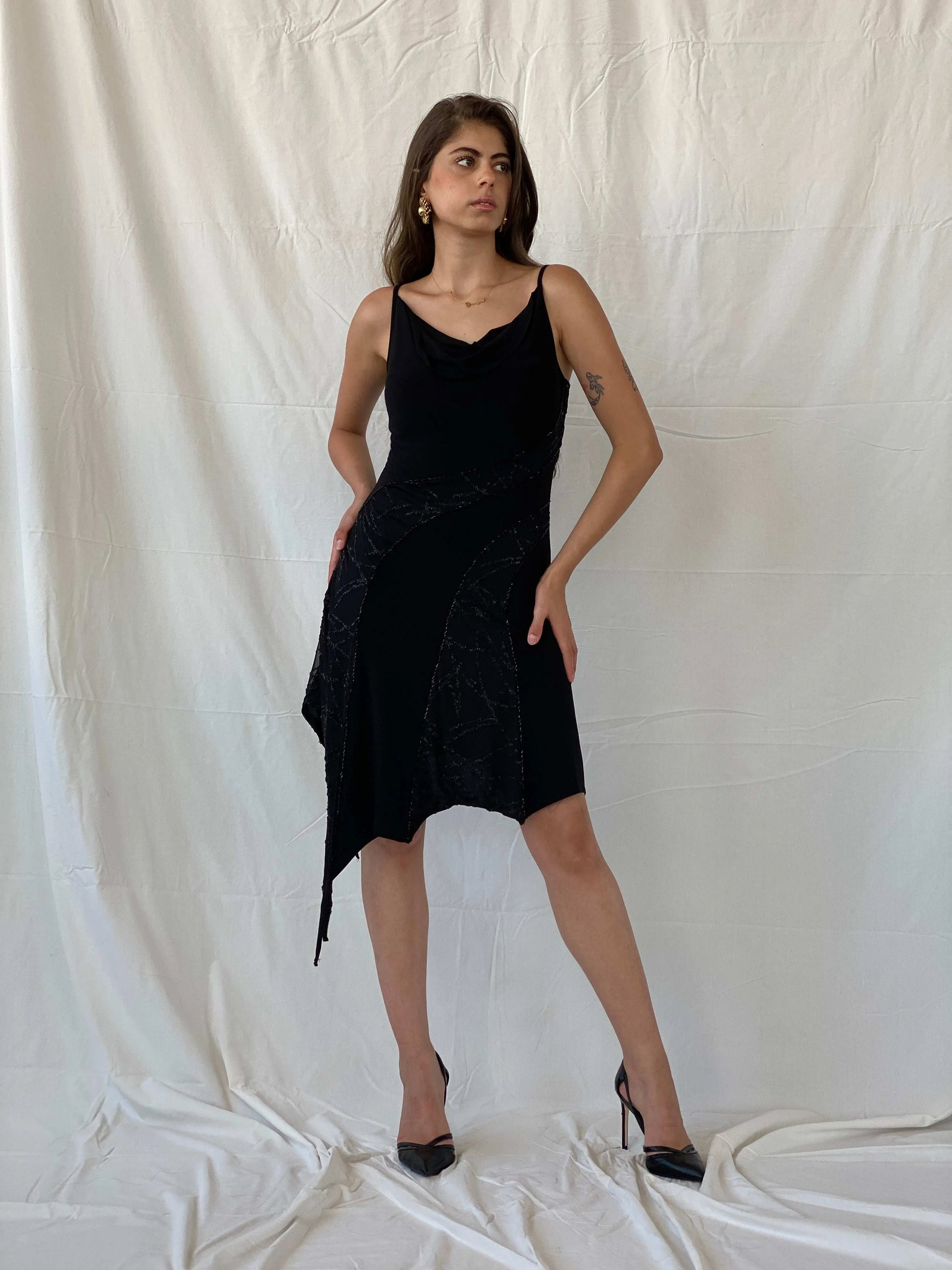 Vintage 90s Tebi Black Beaded Asymmetric Fringed Hem Dress - M - Balagan Vintage Midi Dress 90s, 90s dress, black dress, midi dress, Mira