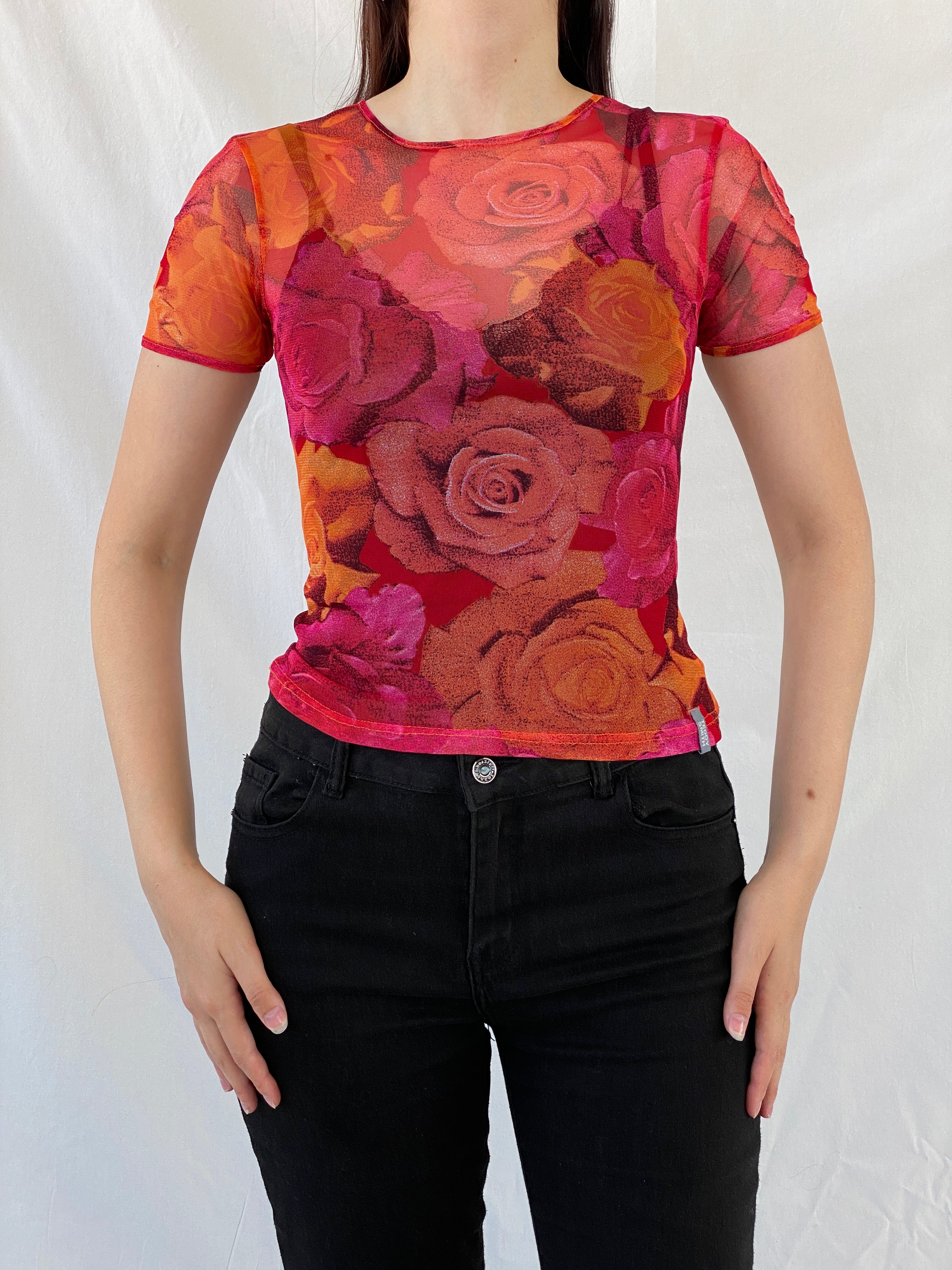 Vintage 90s Teddy Smith Orange Pink Floral Short Sleeve Mesh Top - M - Balagan Vintage Half Sleeve Top 00s, Ayah, floral mesh, mesh, mesh top, NEW IN, summer, women top