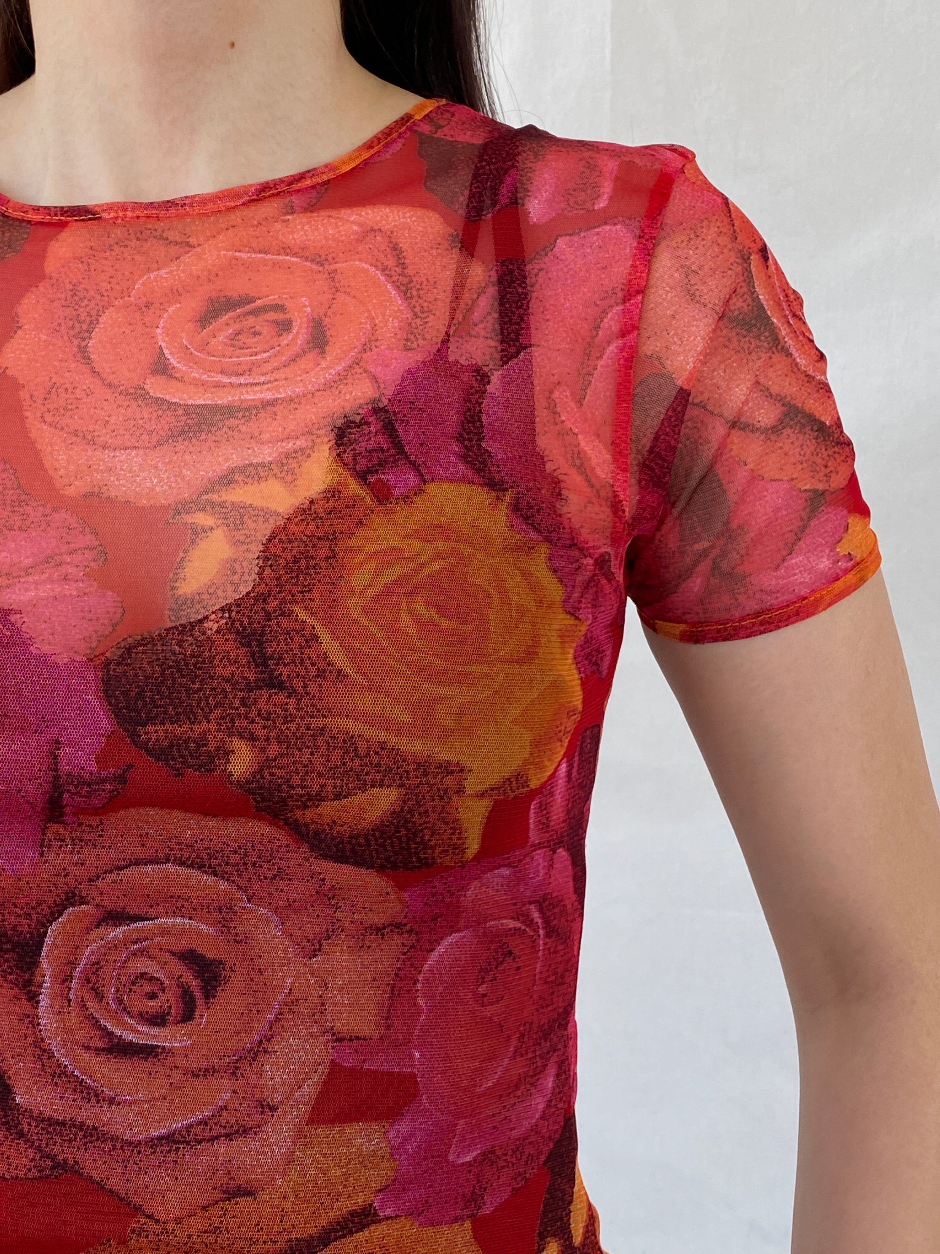 Vintage 90s Teddy Smith Orange Pink Floral Short Sleeve Mesh Top - M - Balagan Vintage Half Sleeve Top 00s, Ayah, floral mesh, mesh, mesh top, NEW IN, summer, women top