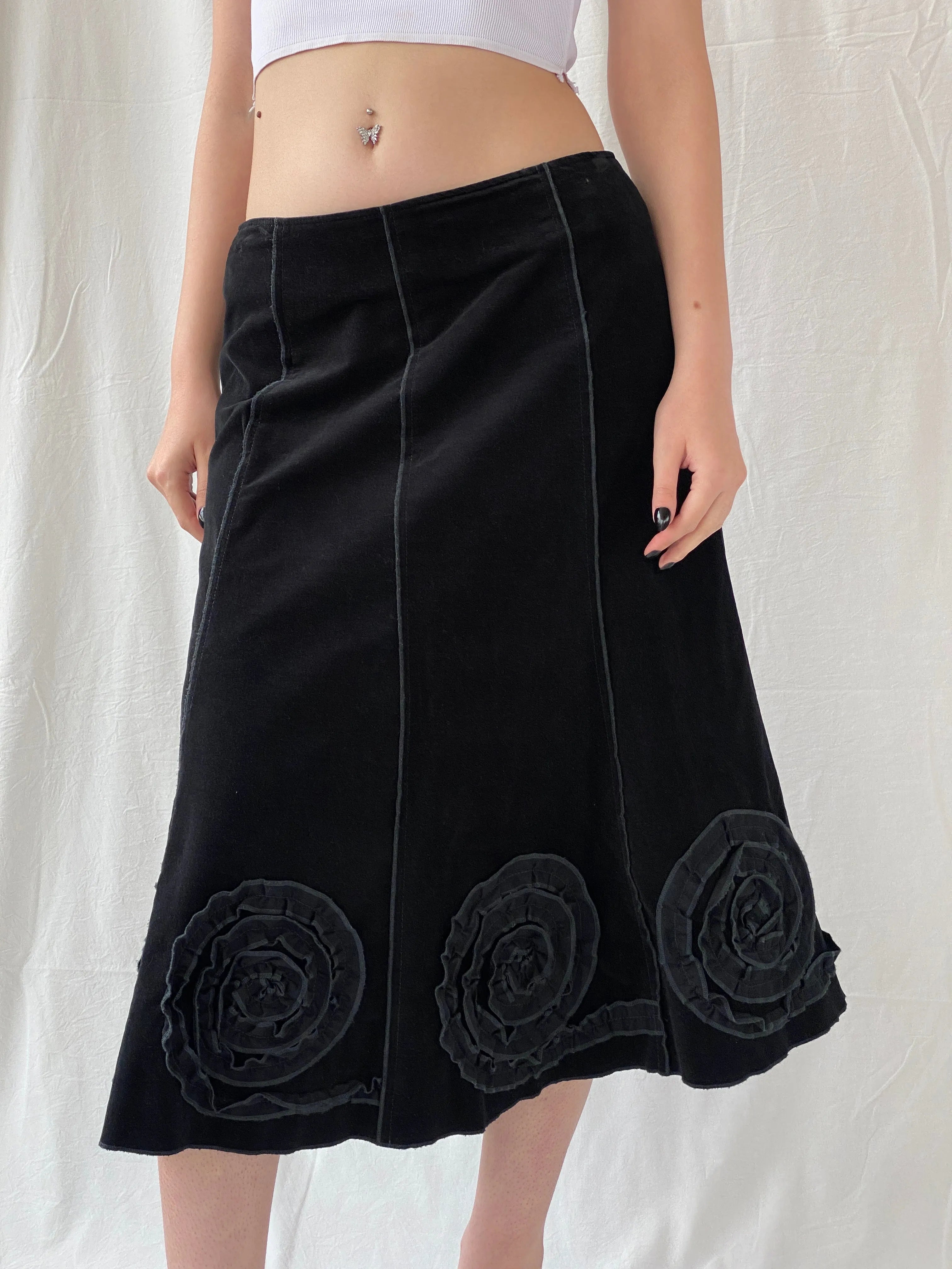 Vintage 90s Tence Black Grunge Spiral Details Midi Velvet A-Line Skirt - M - Balagan Vintage Midi Skirt 00s, Ayah, midi skirt, NEW IN, women skirt