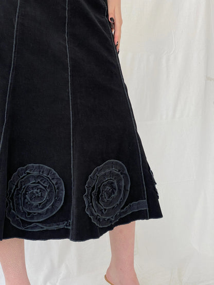 Vintage 90s Tence Black Grunge Spiral Details Midi Velvet A-Line Skirt - M - Balagan Vintage Midi Skirt 00s, Ayah, midi skirt, women skirt