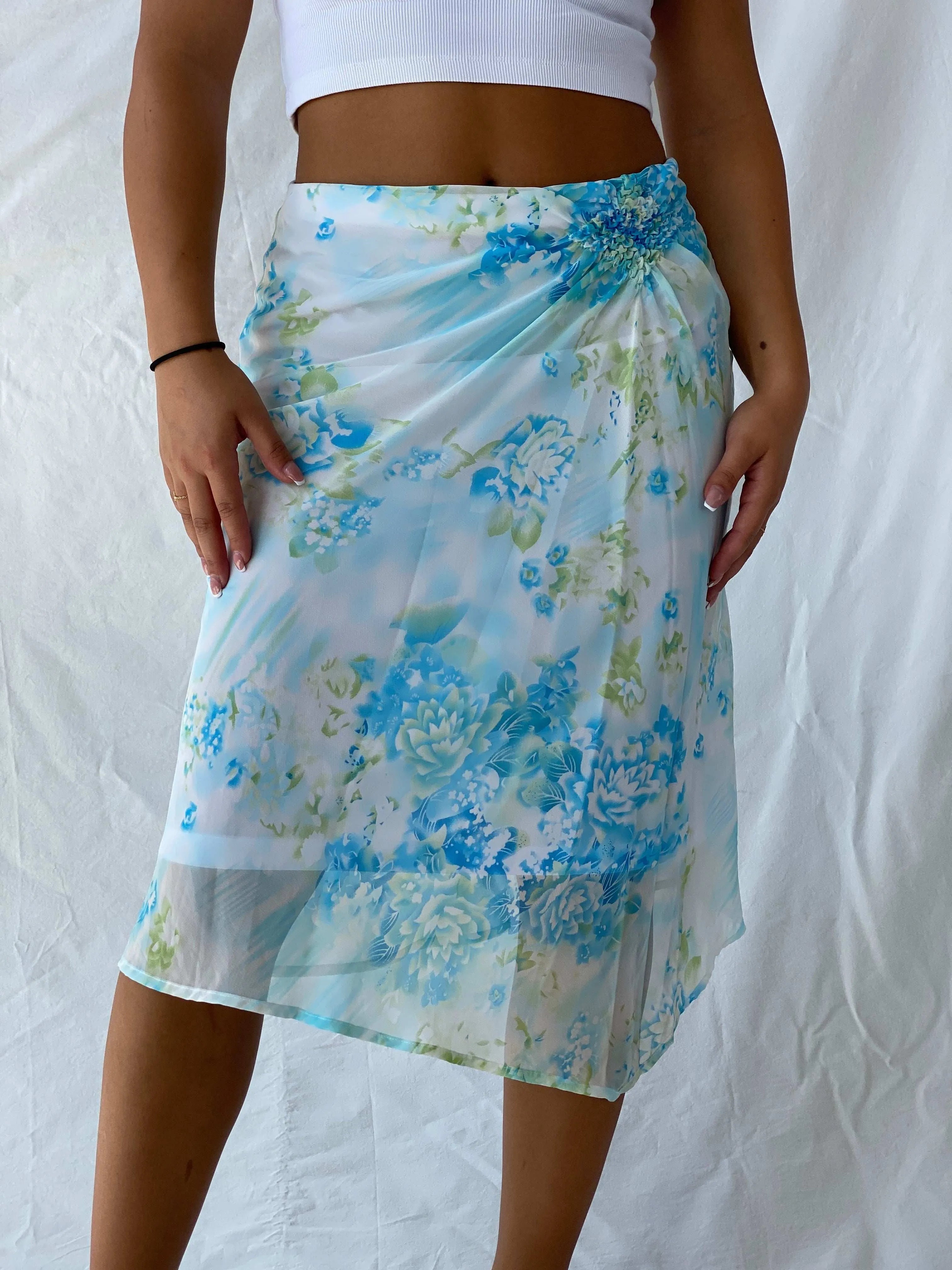 Vintage 90s This Aqua Blue Floral Sheer Chiffon Midi Skirt - M - Balagan Vintage Midi Skirt 00s, Lana, midi skirt, summer