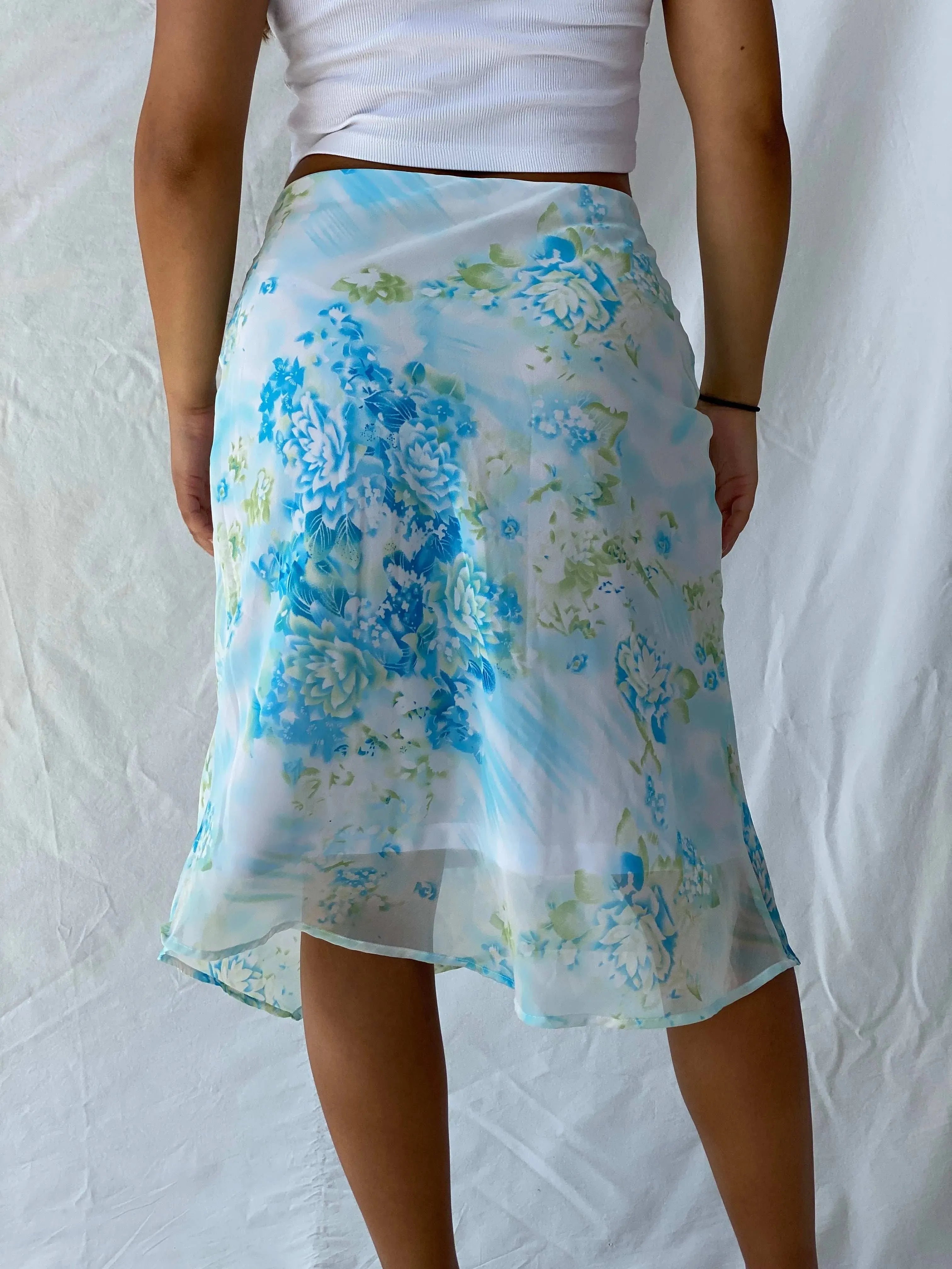 Vintage 90s This Aqua Blue Floral Sheer Chiffon Midi Skirt - M - Balagan Vintage Midi Skirt 00s, Lana, midi skirt, summer