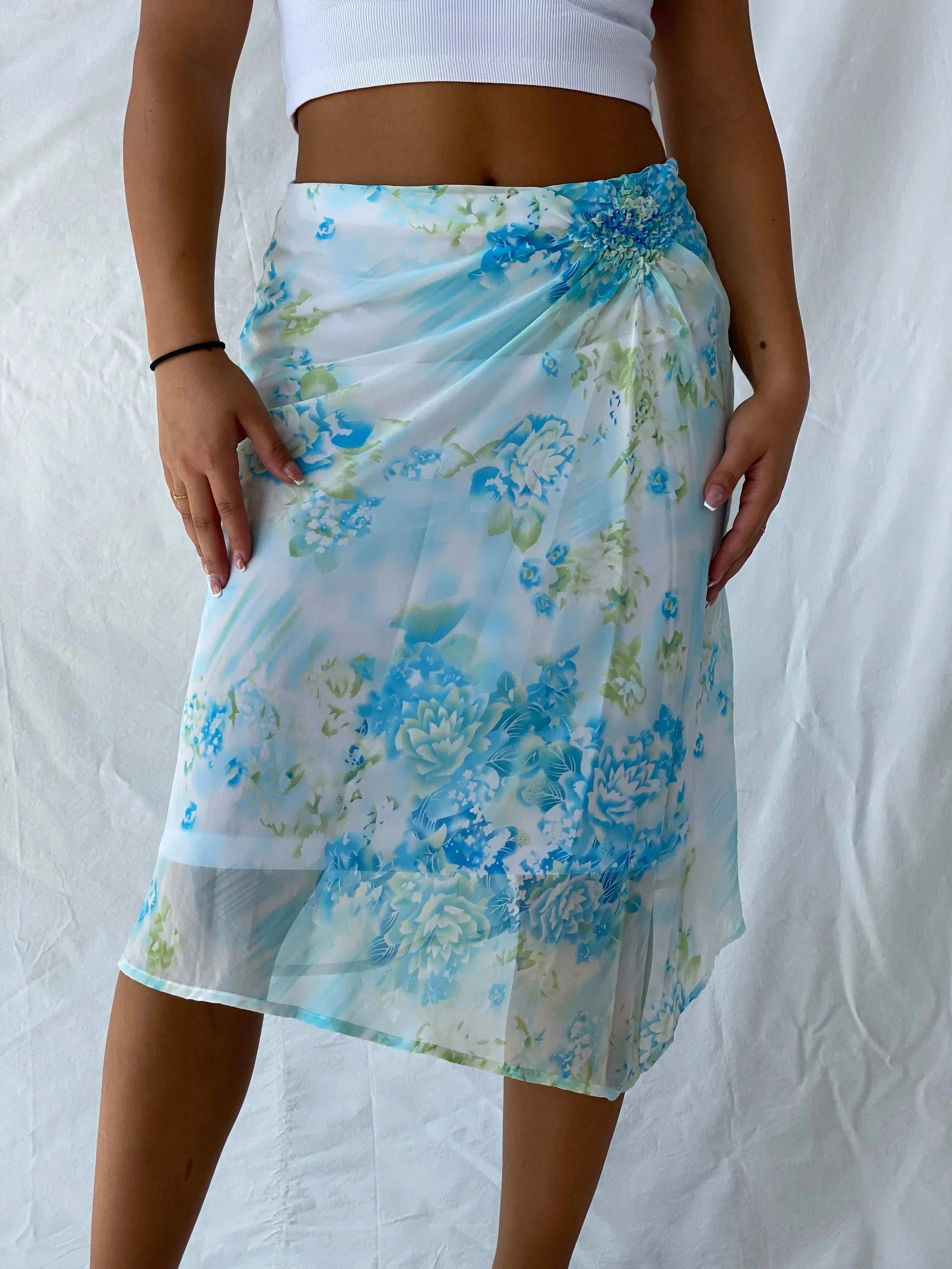 Vintage 90s This Aqua Blue Floral Sheer Chiffon Midi Skirt - M - Balagan Vintage Midi Skirt 00s, Lana, midi skirt, summer