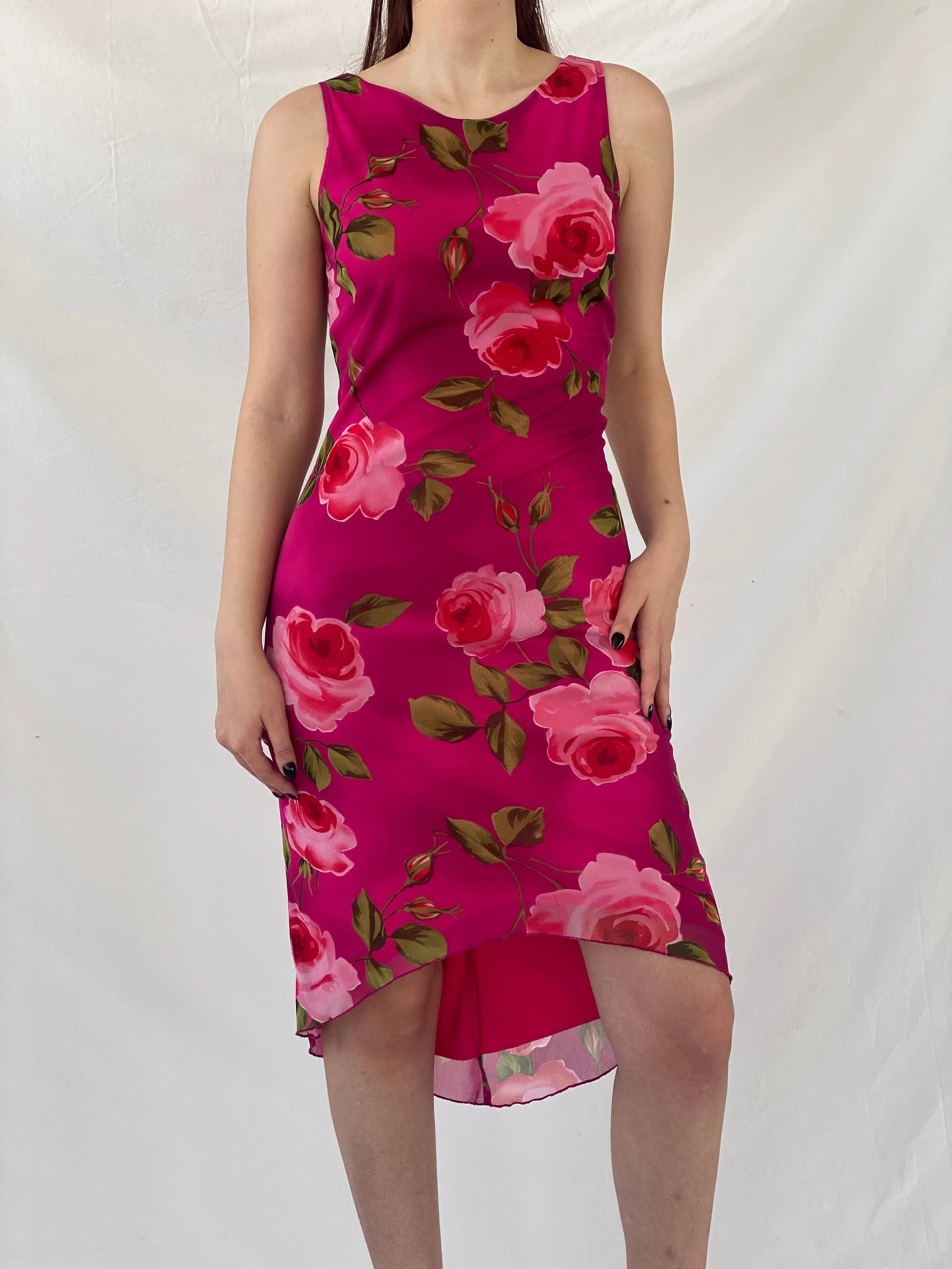 Vintage 90s Tropical Floral Midi Pink Sleeveless Dress - M - Balagan Vintage Midi Dress Ayah, dress, floral, floral dress, midi dress, NEW IN