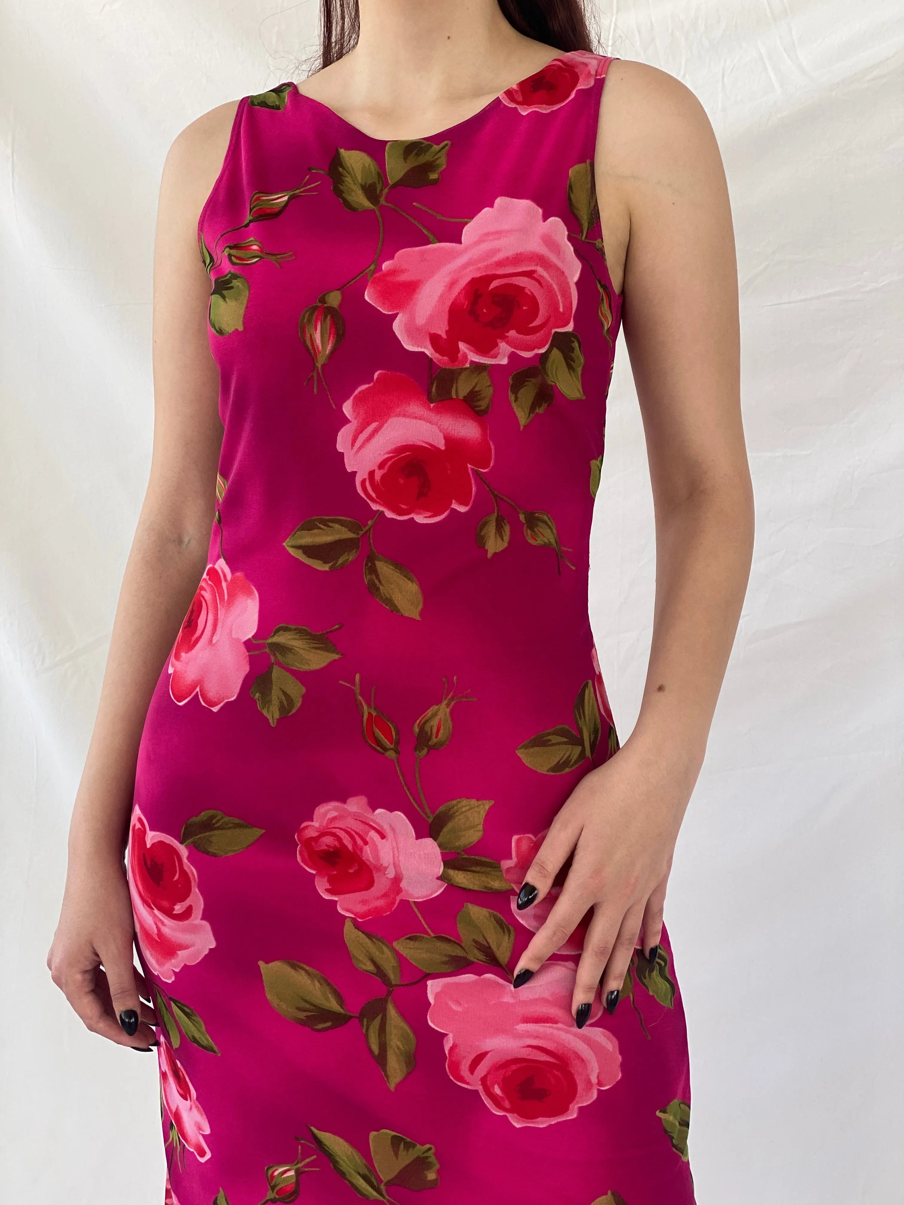 Vintage 90s Tropical Floral Midi Pink Sleeveless Dress - M - Balagan Vintage Midi Dress Ayah, dress, floral, floral dress, midi dress, NEW IN